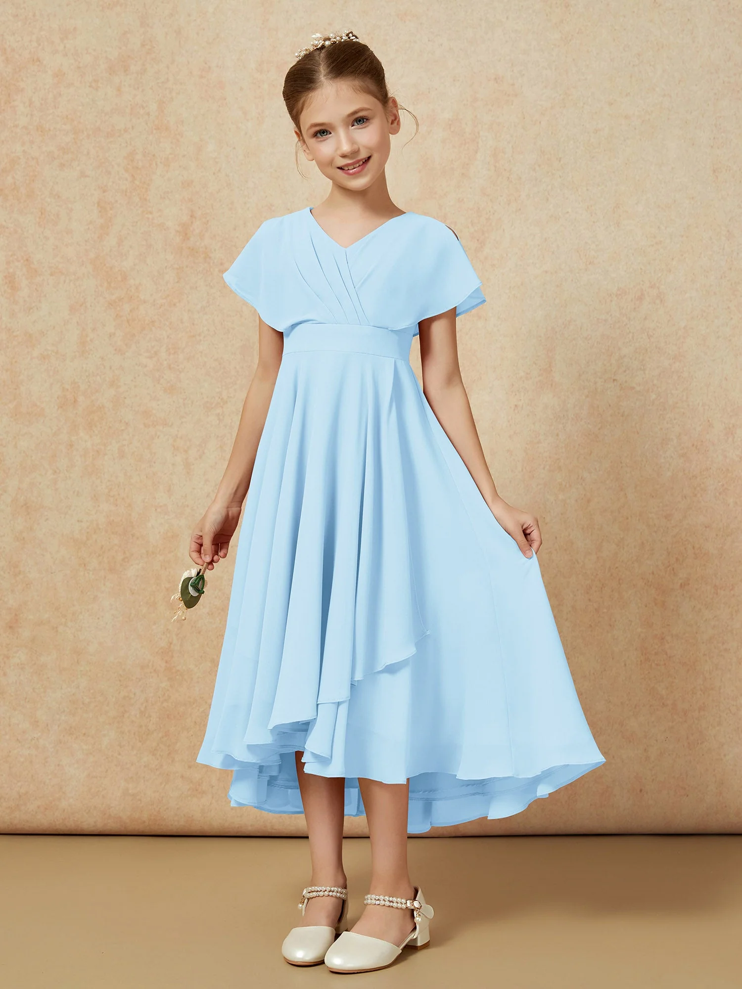 V-Ausschnitt Chiffon Asymmetrisch Junge Brautjungfernkleider Himmelblau - Image 5