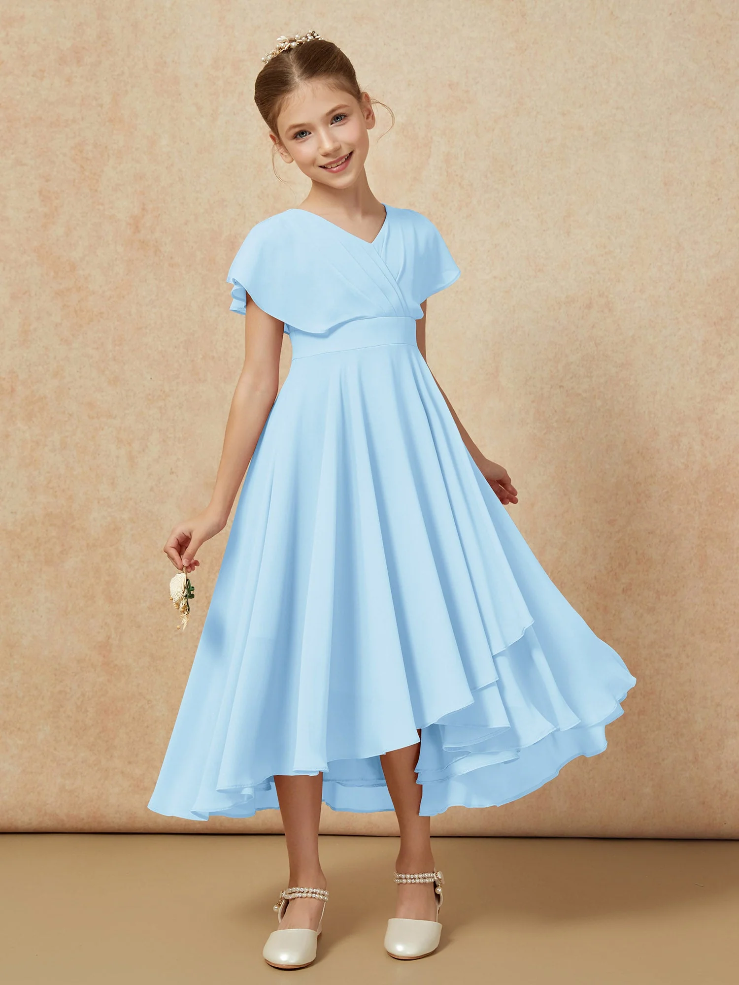 V-Ausschnitt Chiffon Asymmetrisch Junge Brautjungfernkleider Himmelblau - Image 6
