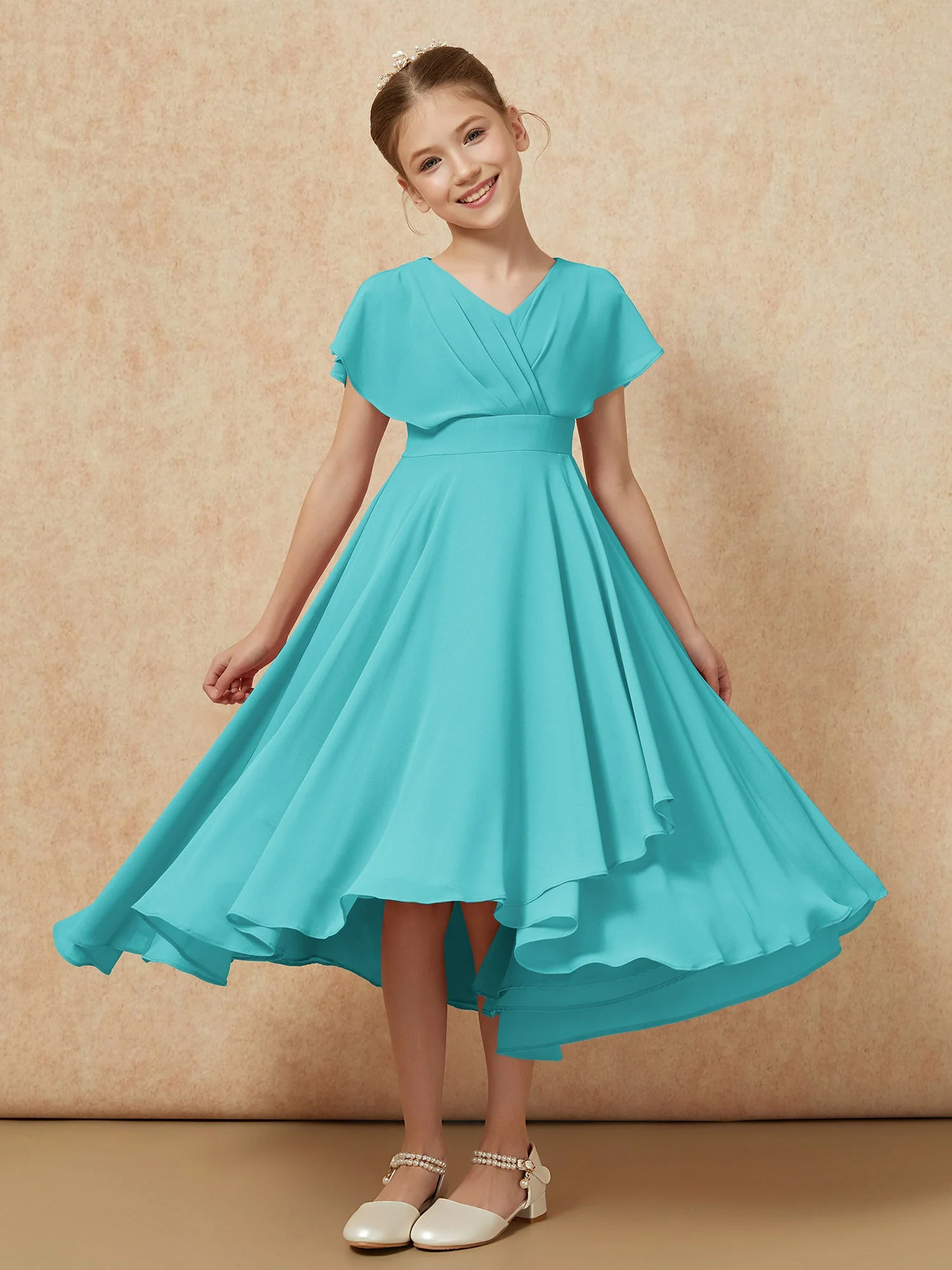V-Ausschnitt Chiffon Asymmetrisch Junge Brautjungfernkleider Jade