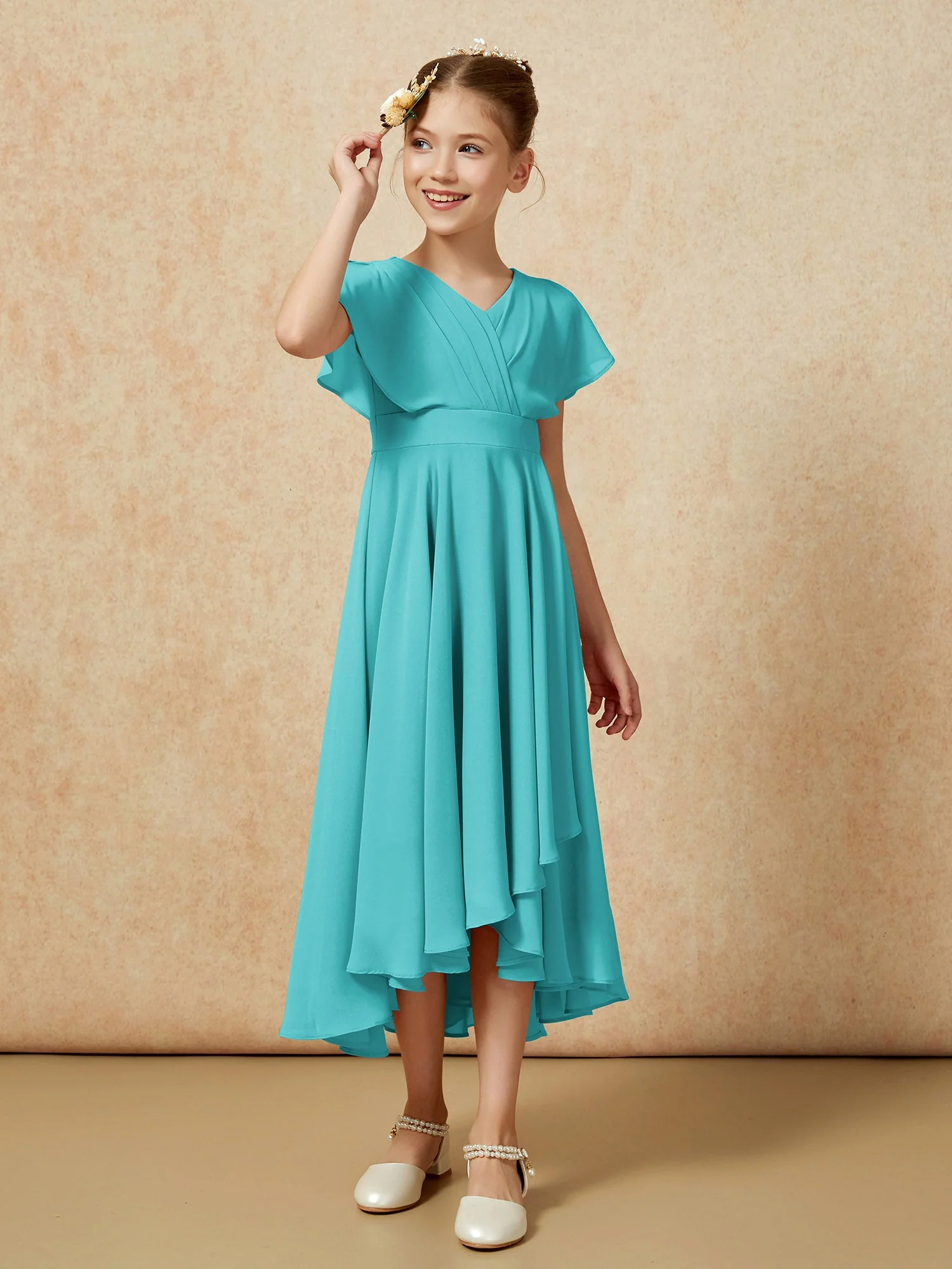 V-Ausschnitt Chiffon Asymmetrisch Junge Brautjungfernkleider Jade - Image 3