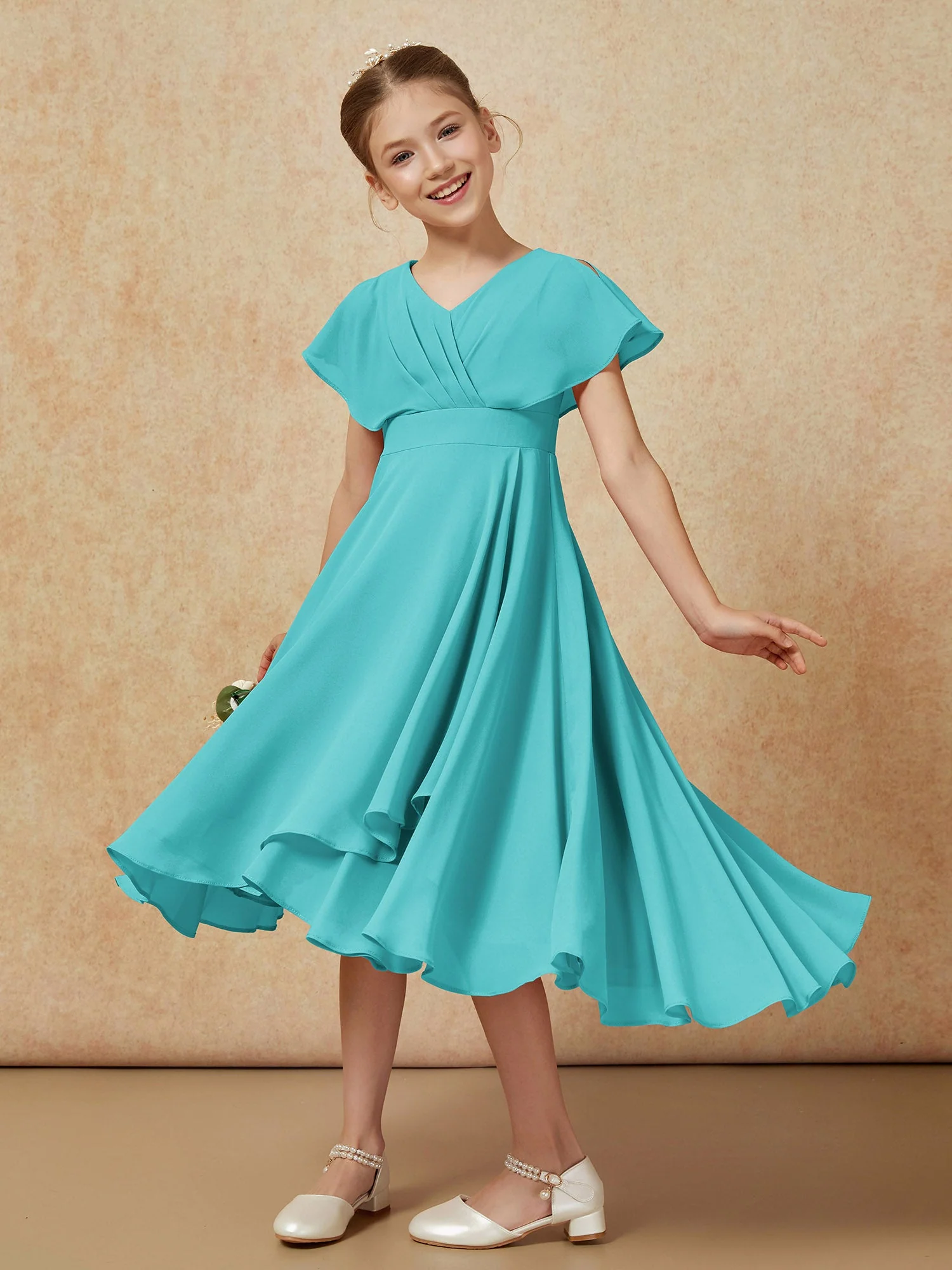 V-Ausschnitt Chiffon Asymmetrisch Junge Brautjungfernkleider Jade - Image 4
