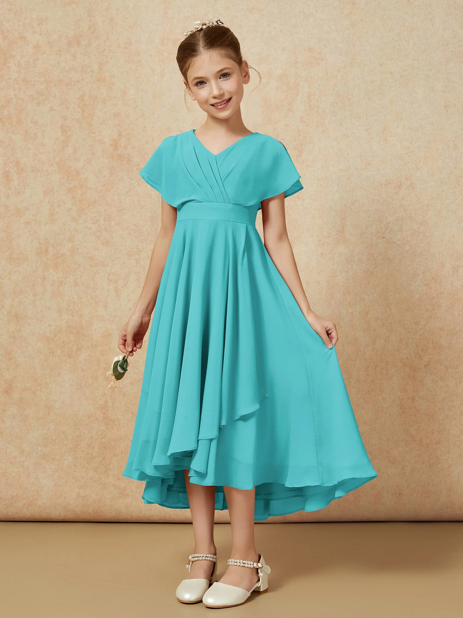 V-Ausschnitt Chiffon Asymmetrisch Junge Brautjungfernkleider Jade - Image 5