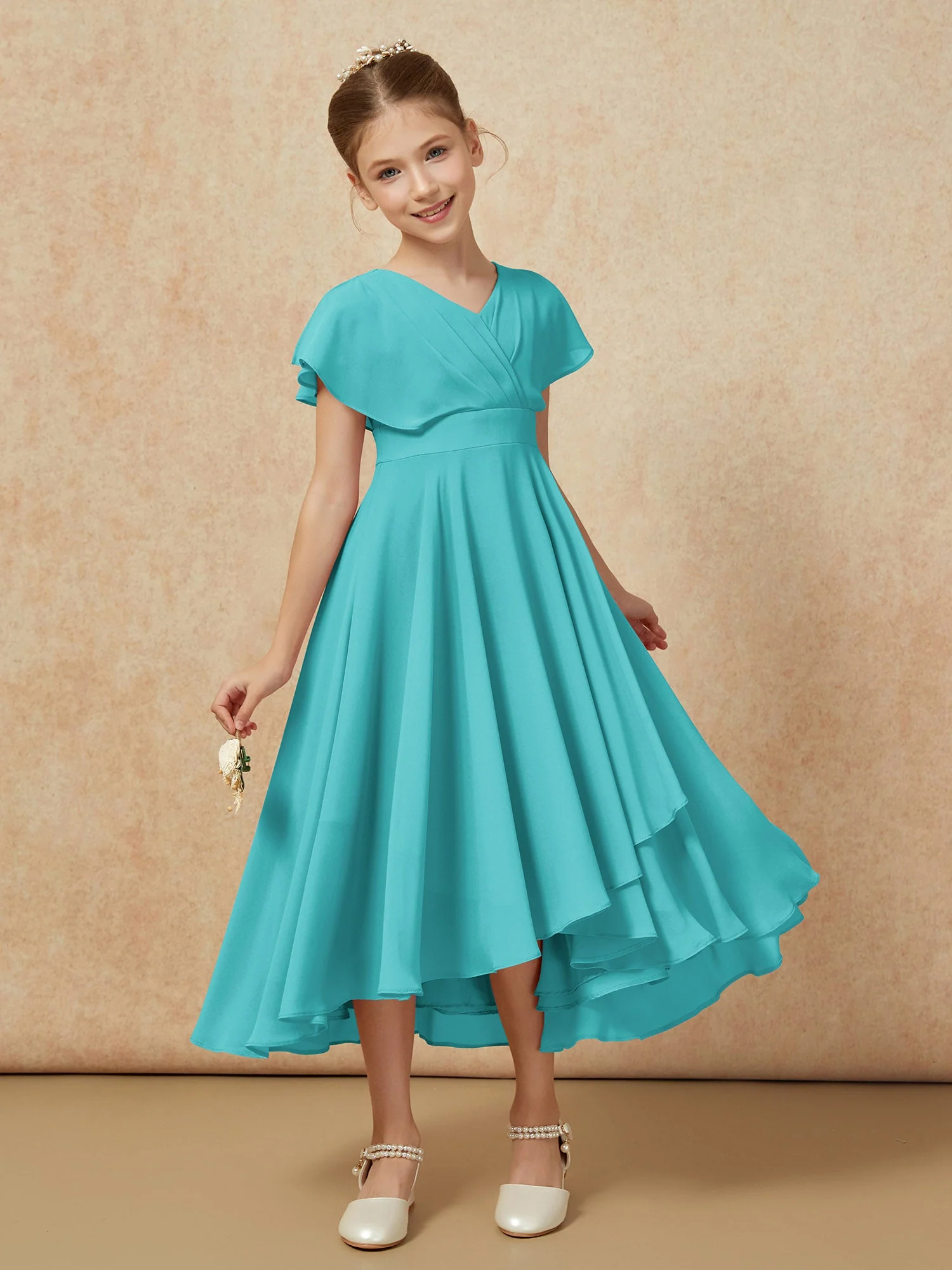 V-Ausschnitt Chiffon Asymmetrisch Junge Brautjungfernkleider Jade - Image 6