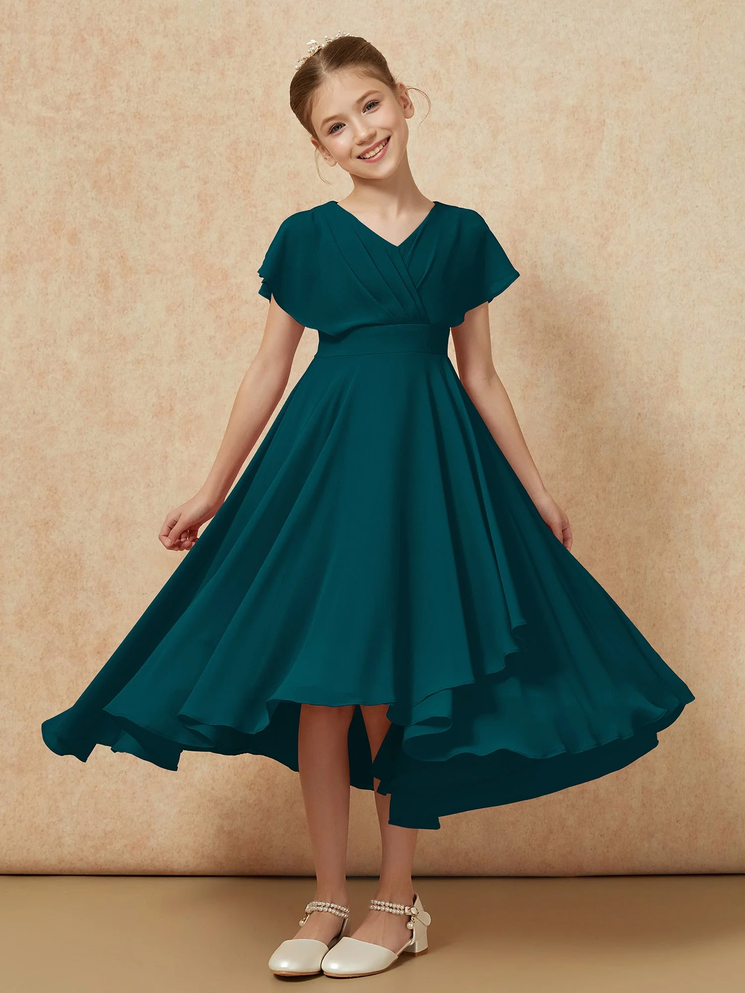 V-Ausschnitt Chiffon Asymmetrisch Junge Brautjungfernkleider Kieferngrün
