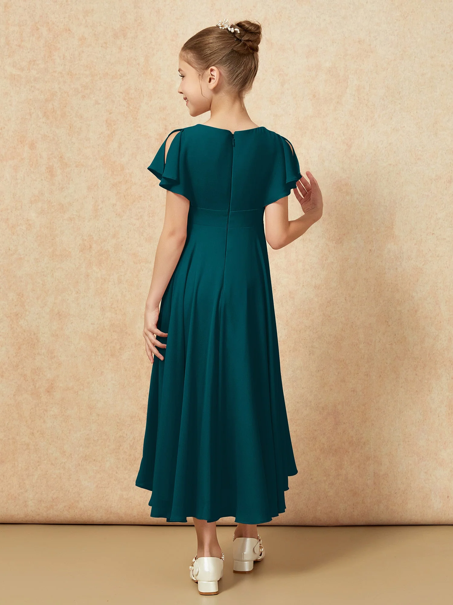 V-Ausschnitt Chiffon Asymmetrisch Junge Brautjungfernkleider Kieferngrün - Image 2