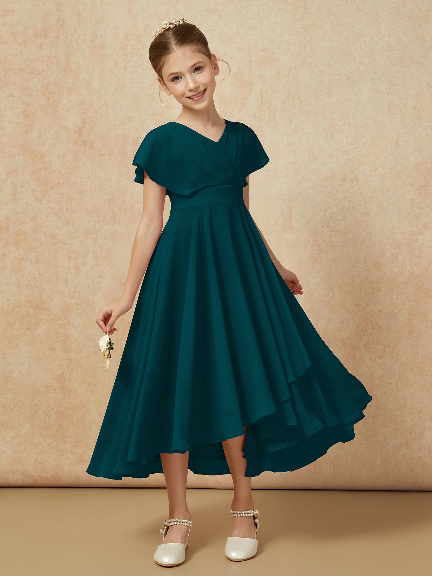 V-Ausschnitt Chiffon Asymmetrisch Junge Brautjungfernkleider Kieferngrün - Image 6