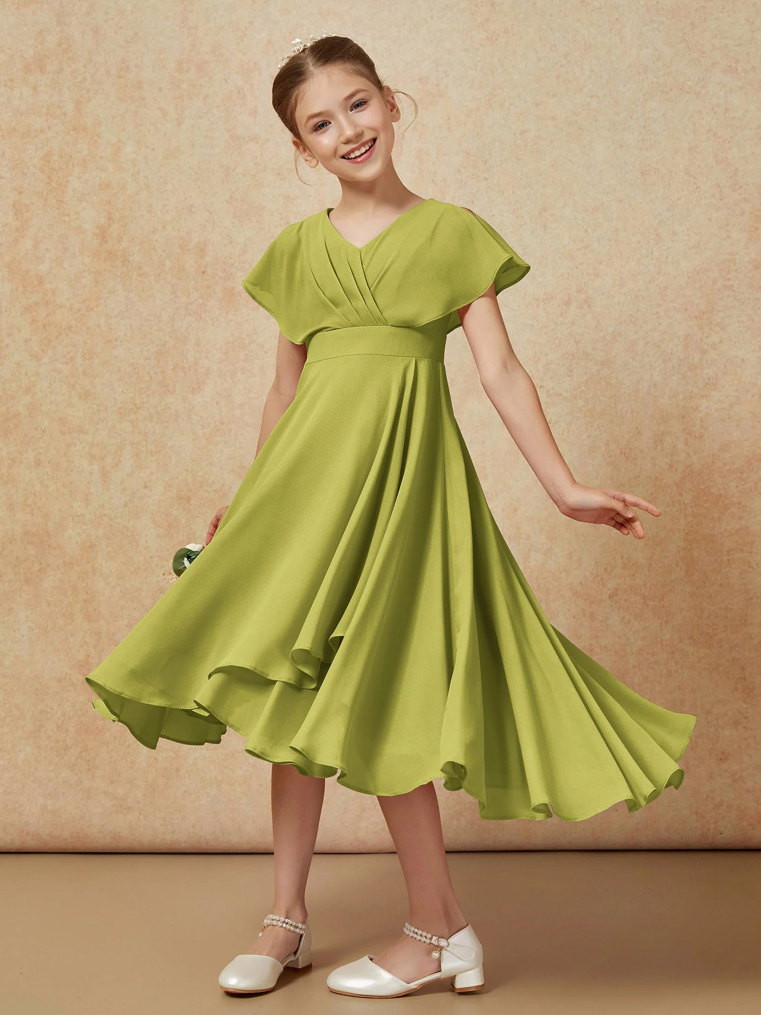 V-Ausschnitt Chiffon Asymmetrisch Junge Brautjungfernkleider Kleegrün - Image 4