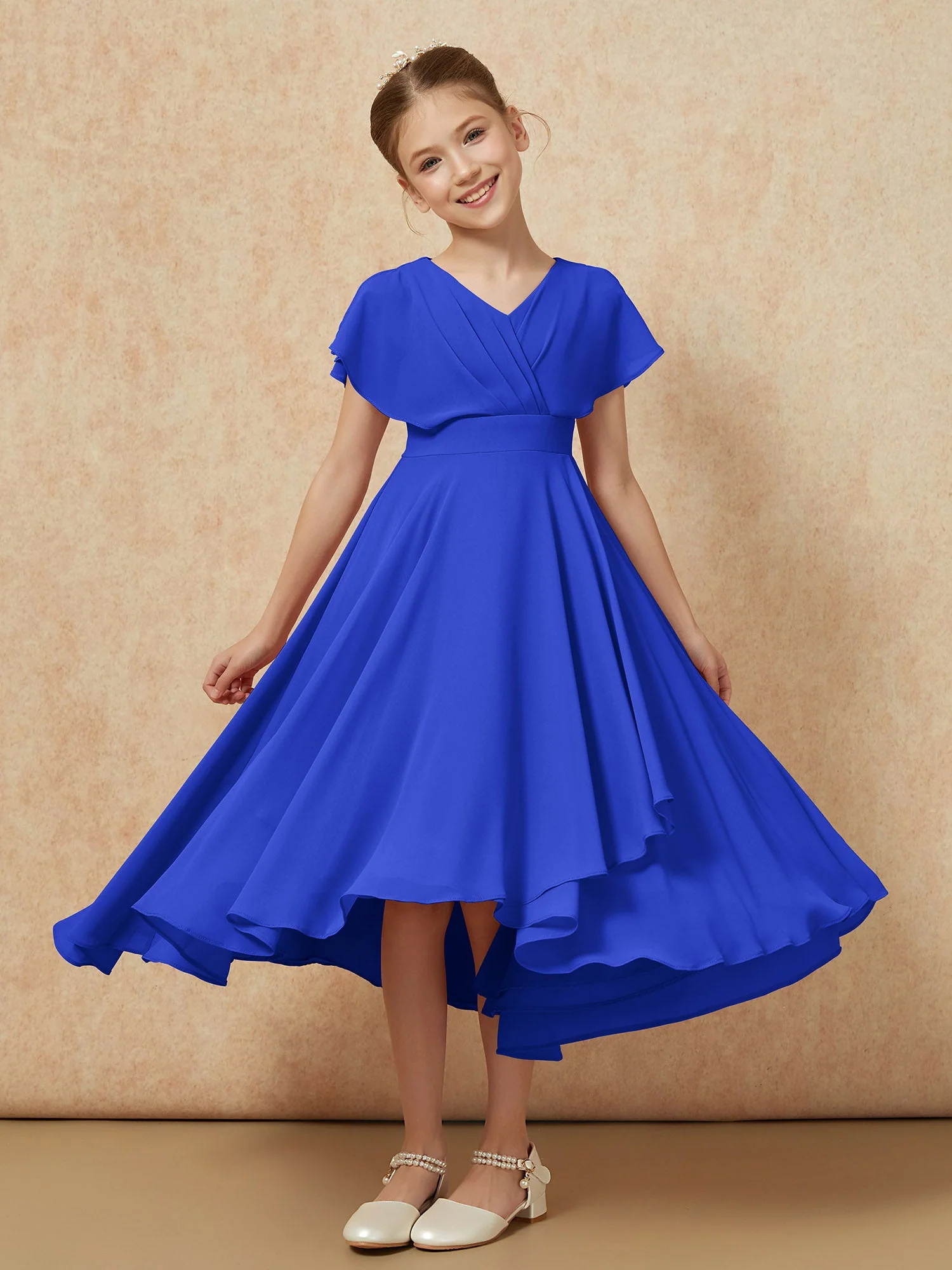 V-Ausschnitt Chiffon Asymmetrisch Junge Brautjungfernkleider Königsblau