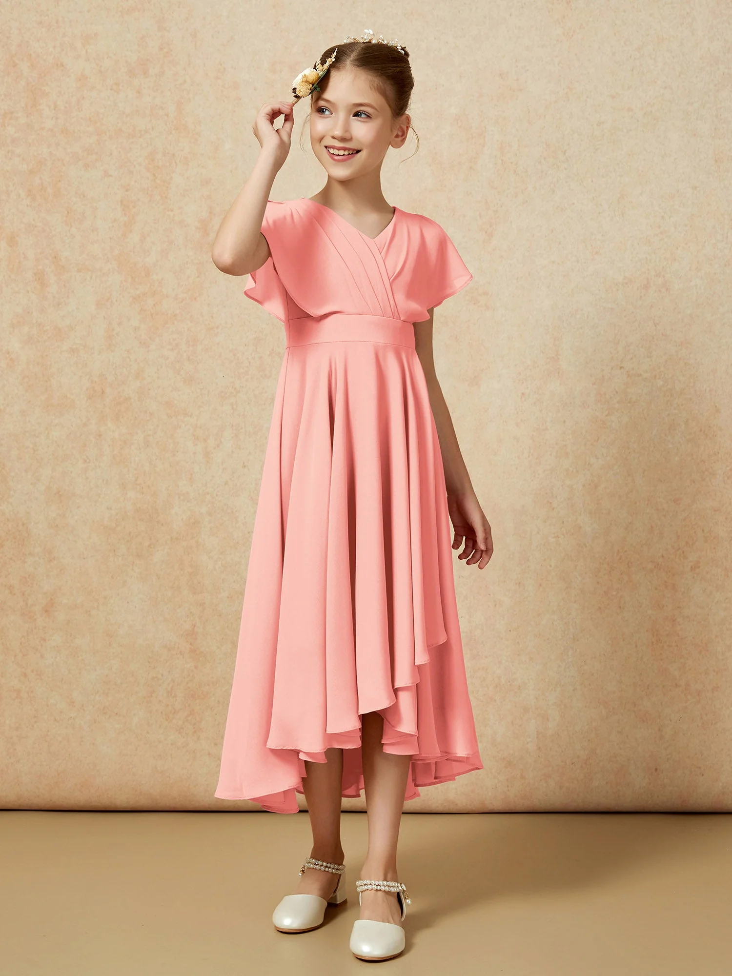 V-Ausschnitt Chiffon Asymmetrisch Junge Brautjungfernkleider Koralle - Image 3