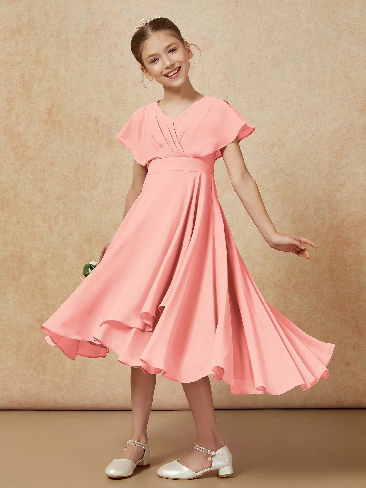 V-Ausschnitt Chiffon Asymmetrisch Junge Brautjungfernkleider Koralle - Image 4