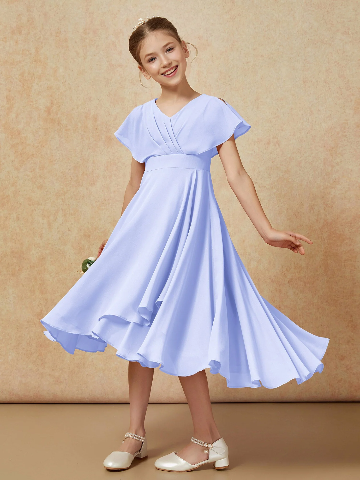 V-Ausschnitt Chiffon Asymmetrisch Junge Brautjungfernkleider Lavendel - Image 4