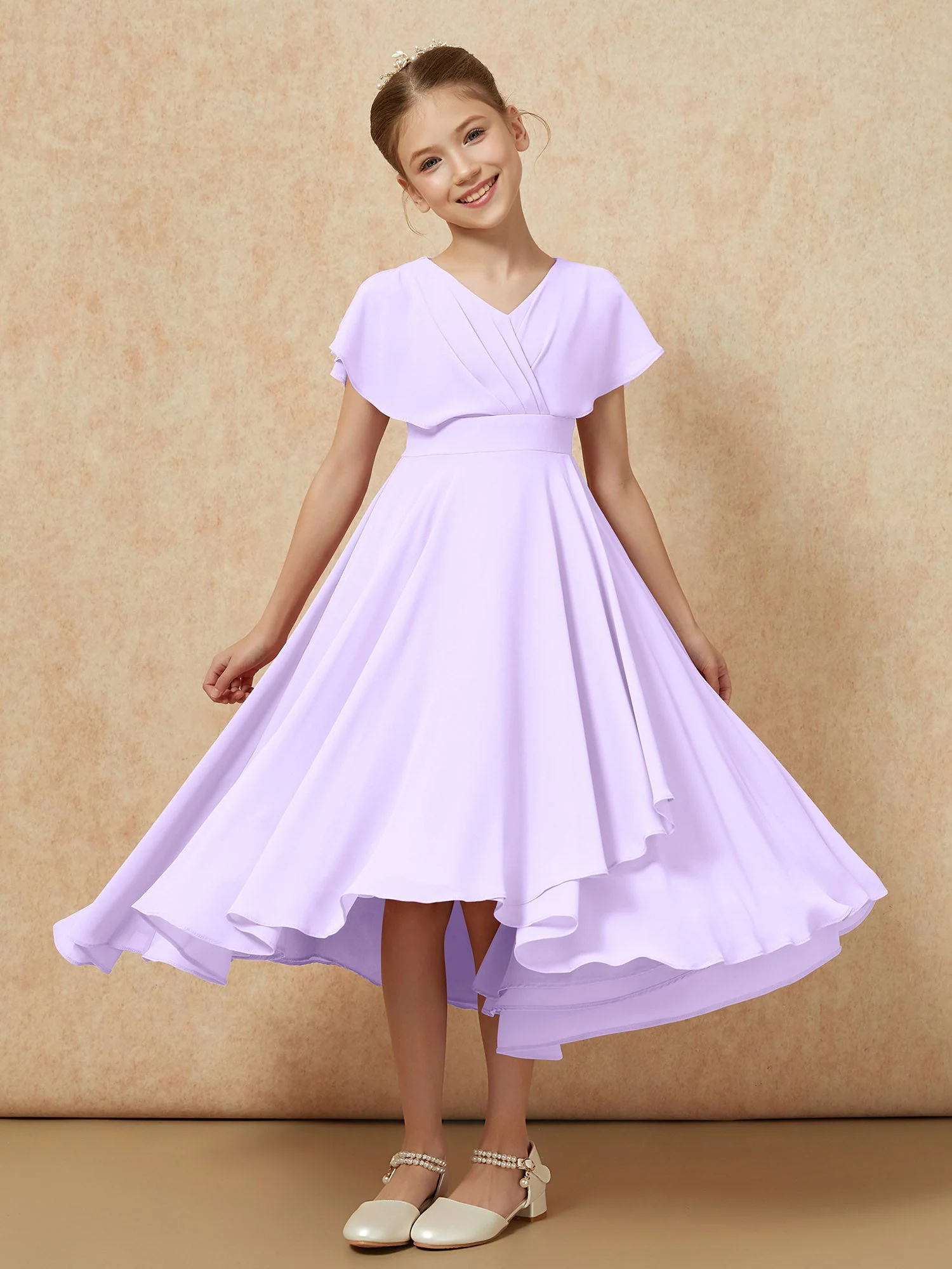 V-Ausschnitt Chiffon Asymmetrisch Junge Brautjungfernkleider Lila