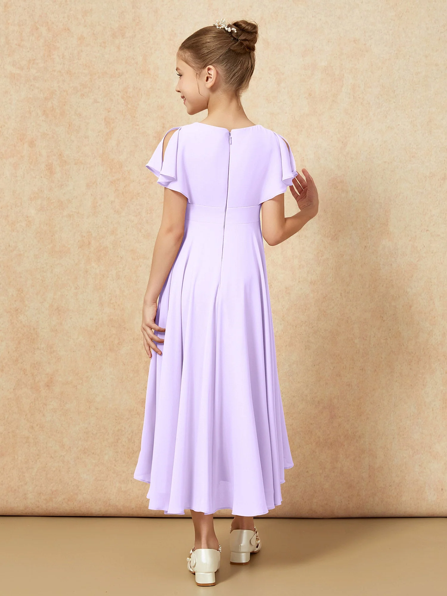 V-Ausschnitt Chiffon Asymmetrisch Junge Brautjungfernkleider Lila - Image 2