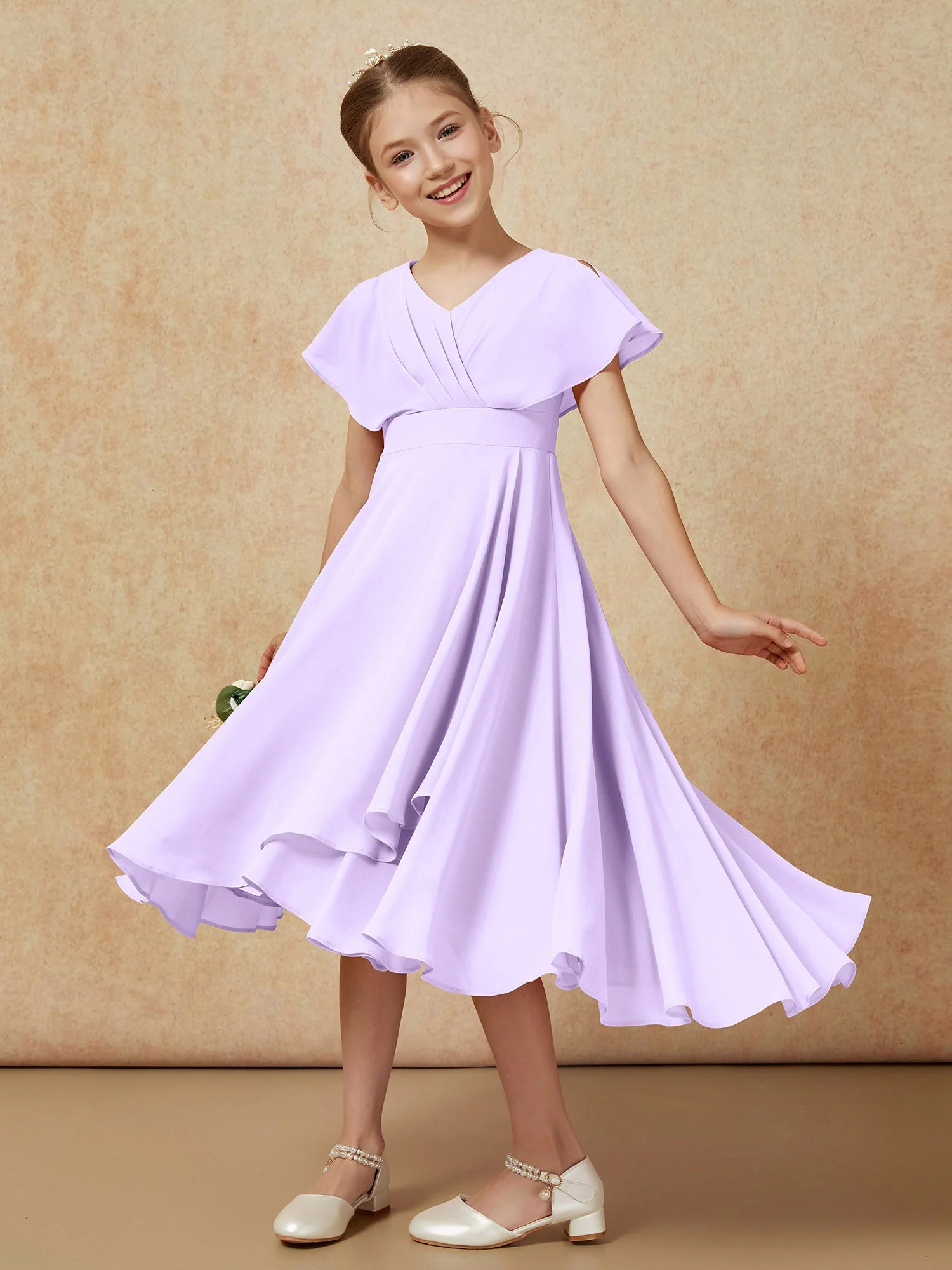 V-Ausschnitt Chiffon Asymmetrisch Junge Brautjungfernkleider Lila - Image 4