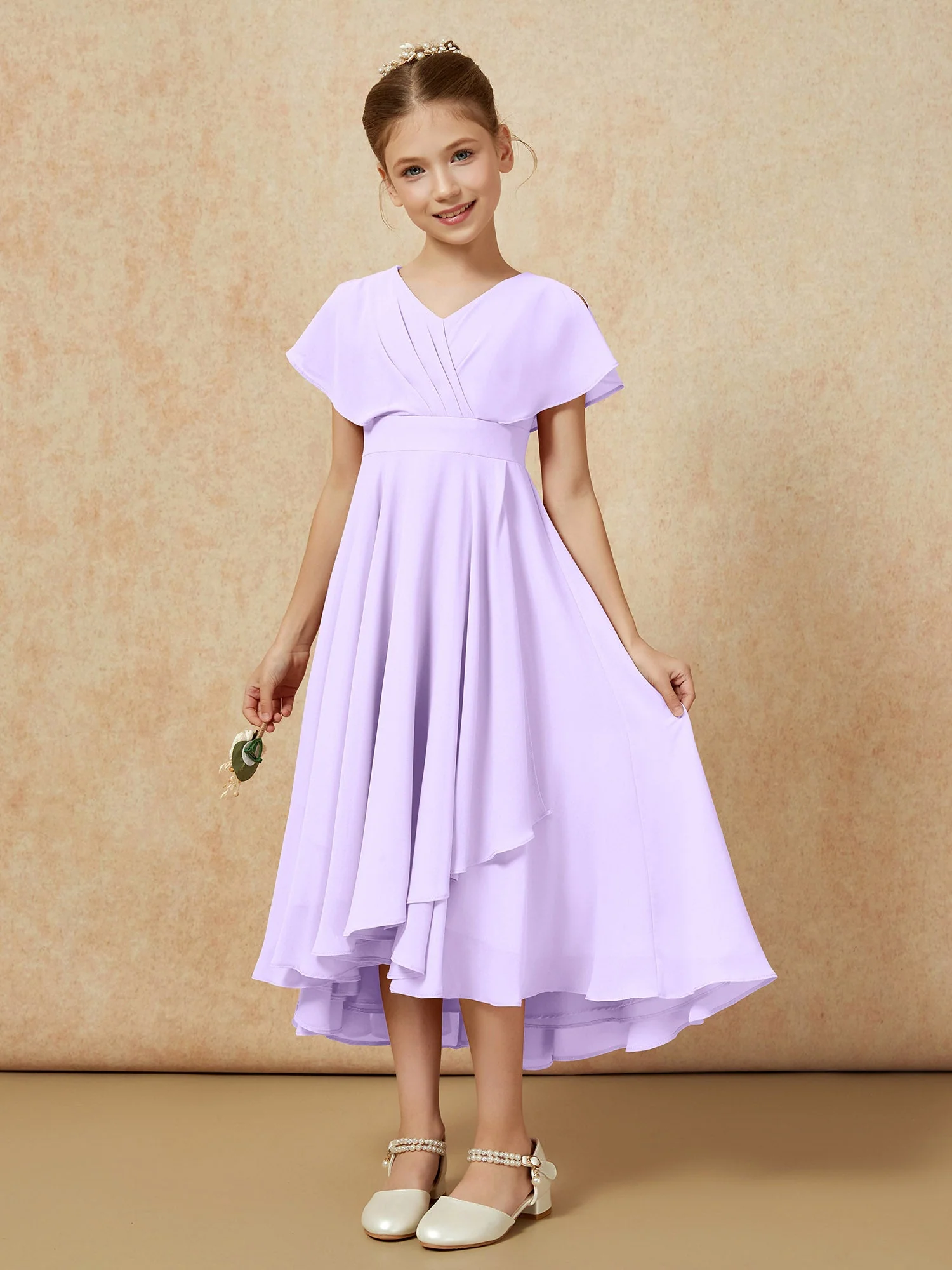 V-Ausschnitt Chiffon Asymmetrisch Junge Brautjungfernkleider Lila - Image 5