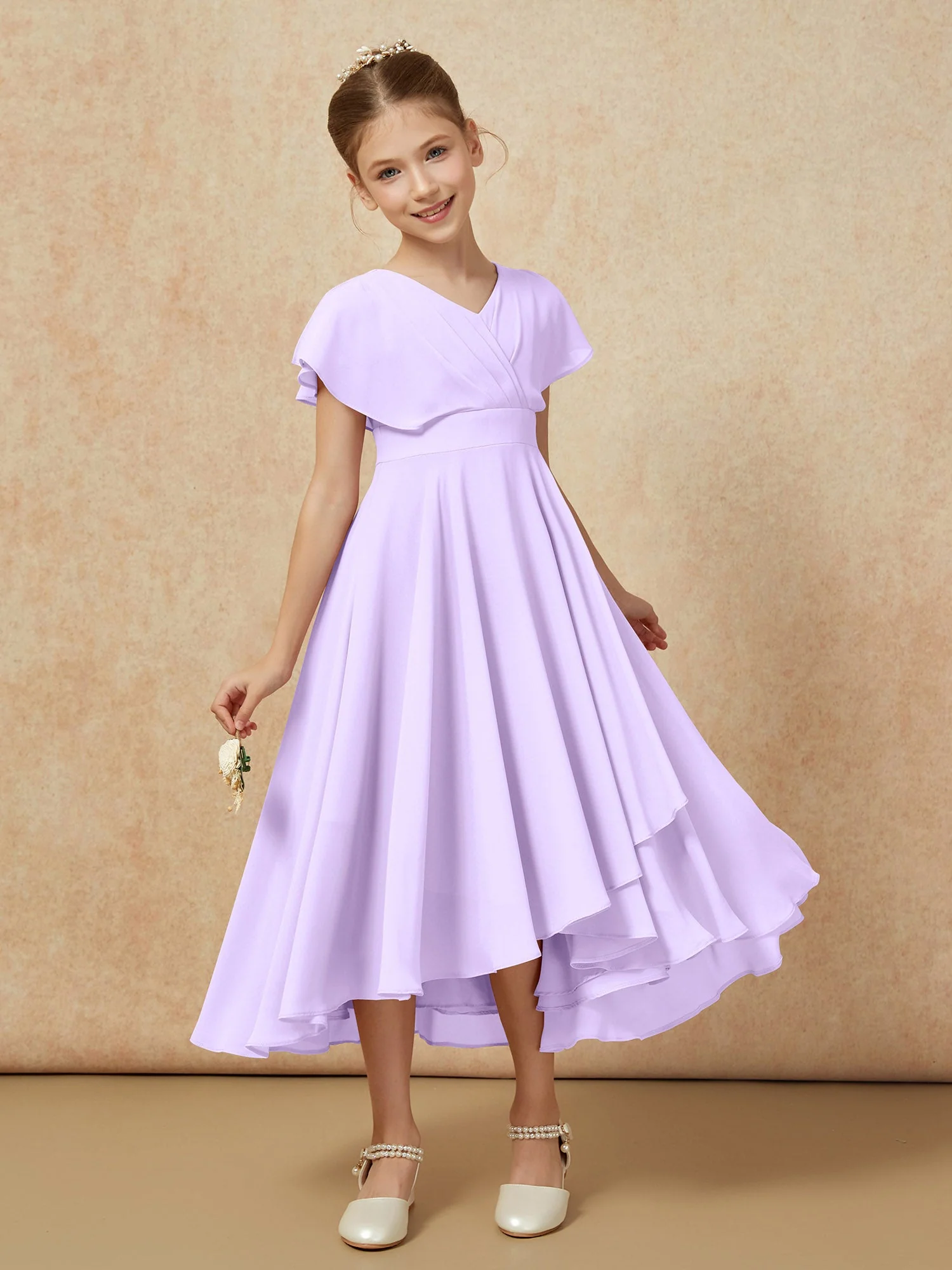 V-Ausschnitt Chiffon Asymmetrisch Junge Brautjungfernkleider Lila - Image 6