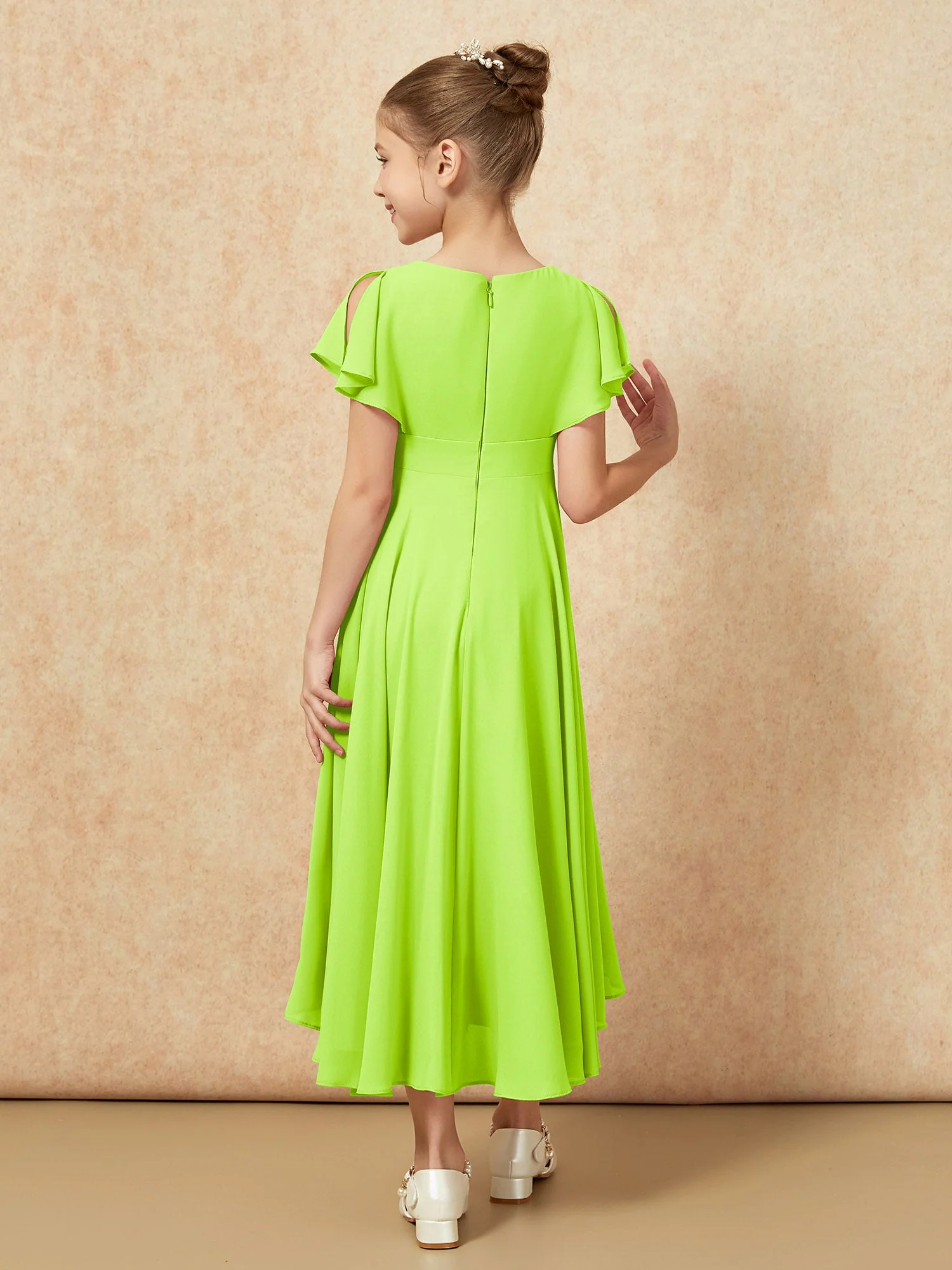 V-Ausschnitt Chiffon Asymmetrisch Junge Brautjungfernkleider Lindgrün - Image 2