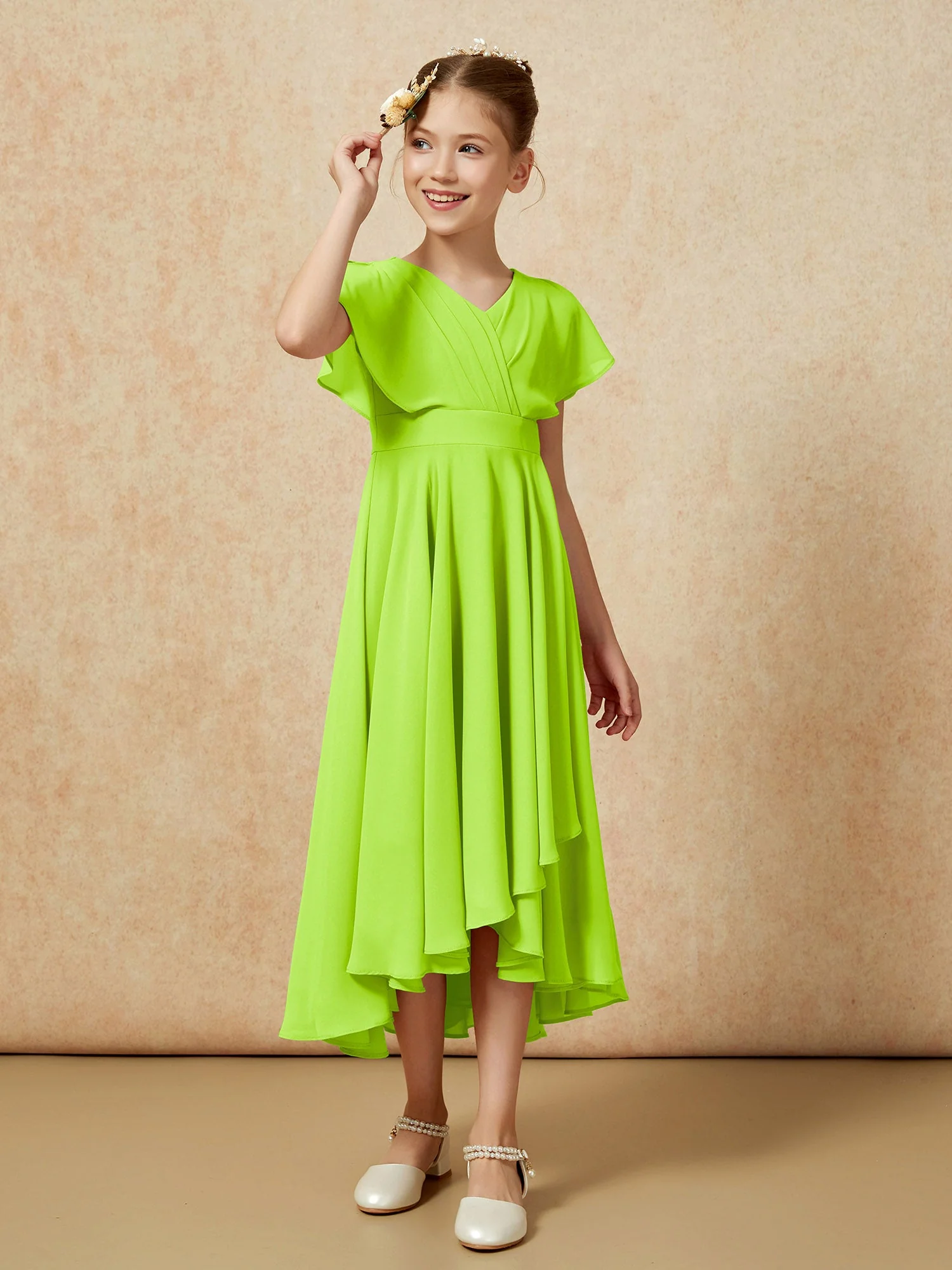 V-Ausschnitt Chiffon Asymmetrisch Junge Brautjungfernkleider Lindgrün - Image 3