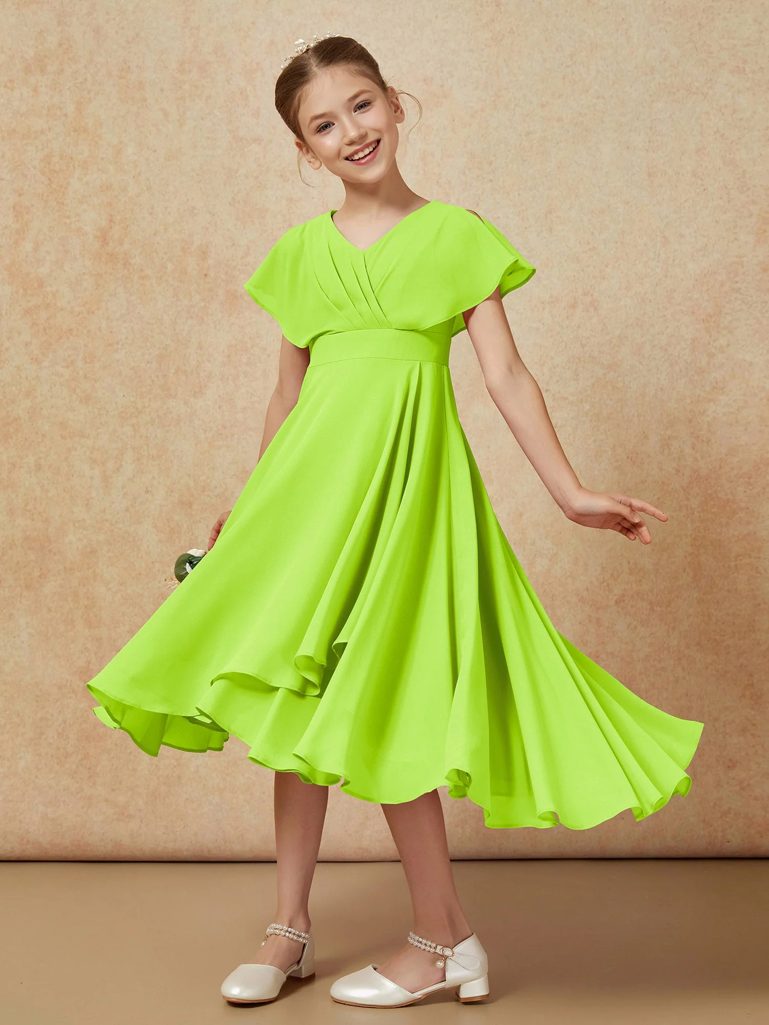V-Ausschnitt Chiffon Asymmetrisch Junge Brautjungfernkleider Lindgrün - Image 4
