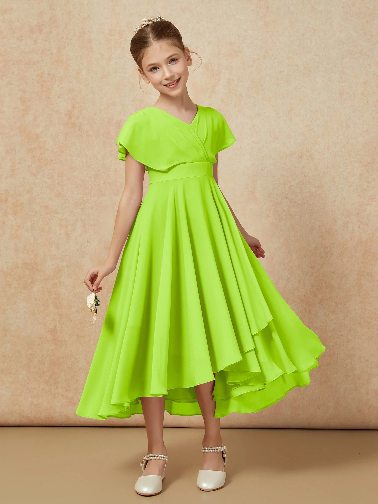 V-Ausschnitt Chiffon Asymmetrisch Junge Brautjungfernkleider Lindgrün - Image 6