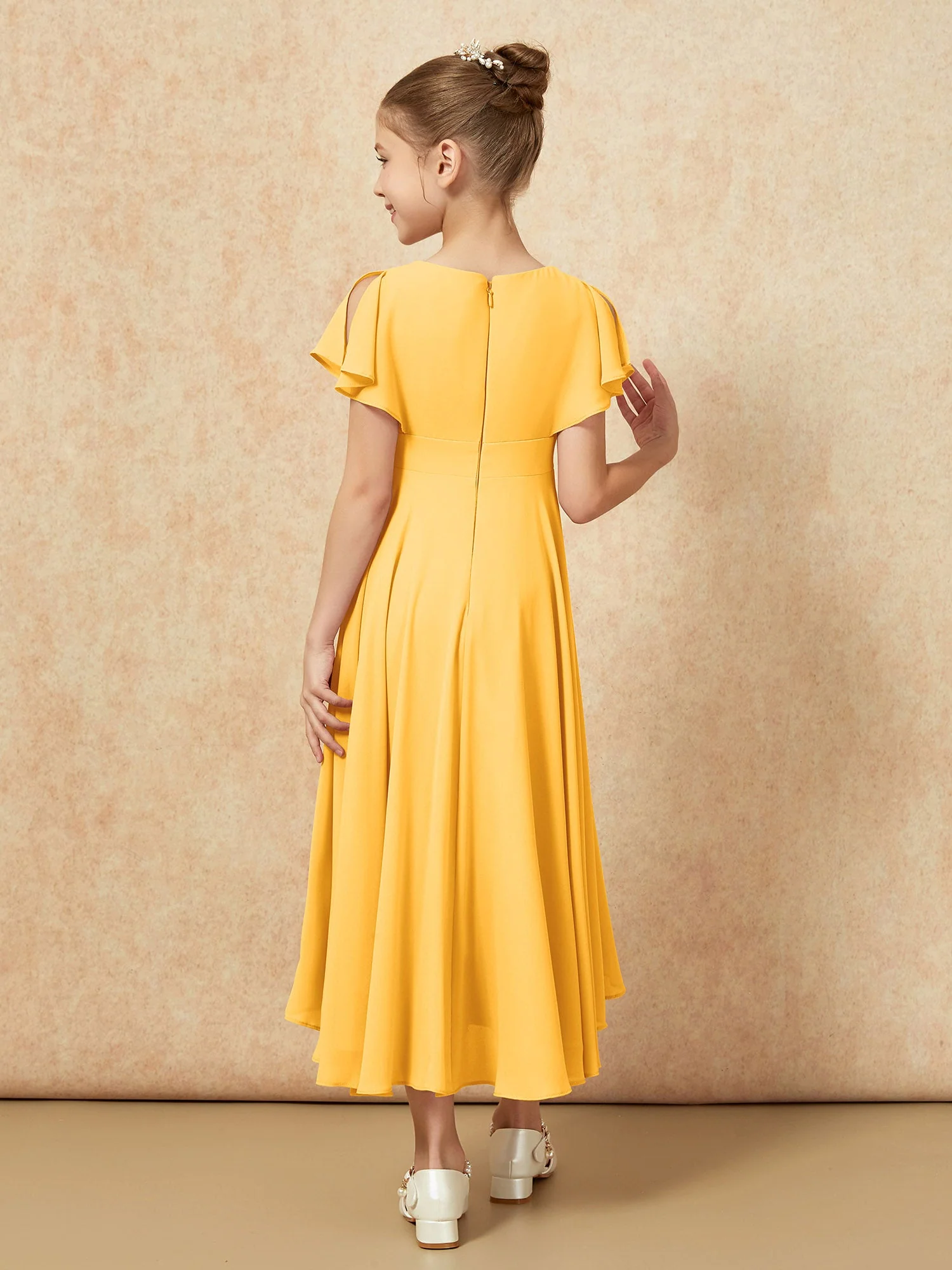 V-Ausschnitt Chiffon Asymmetrisch Junge Brautjungfernkleider Mandarine - Image 2