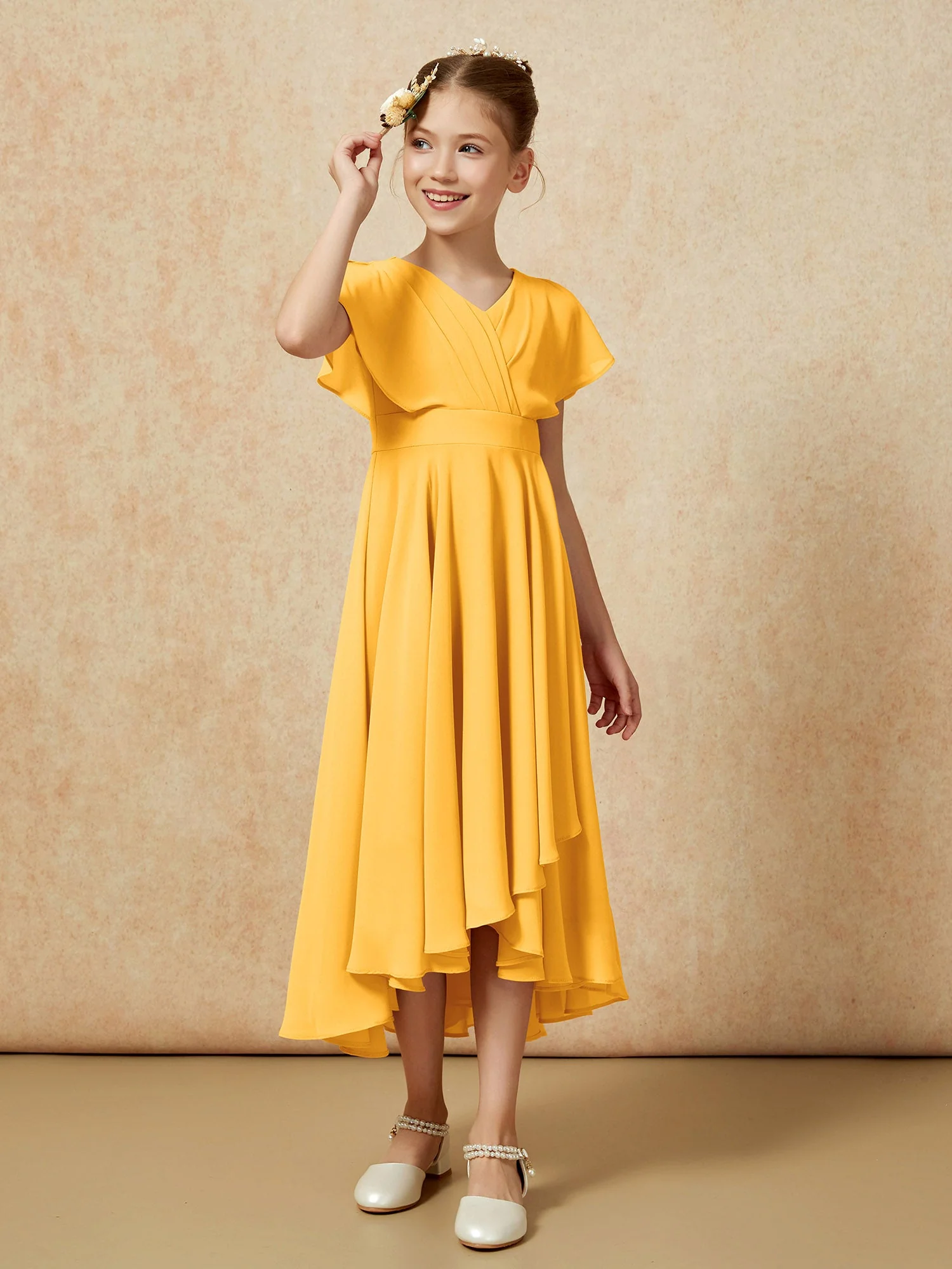 V-Ausschnitt Chiffon Asymmetrisch Junge Brautjungfernkleider Mandarine - Image 3