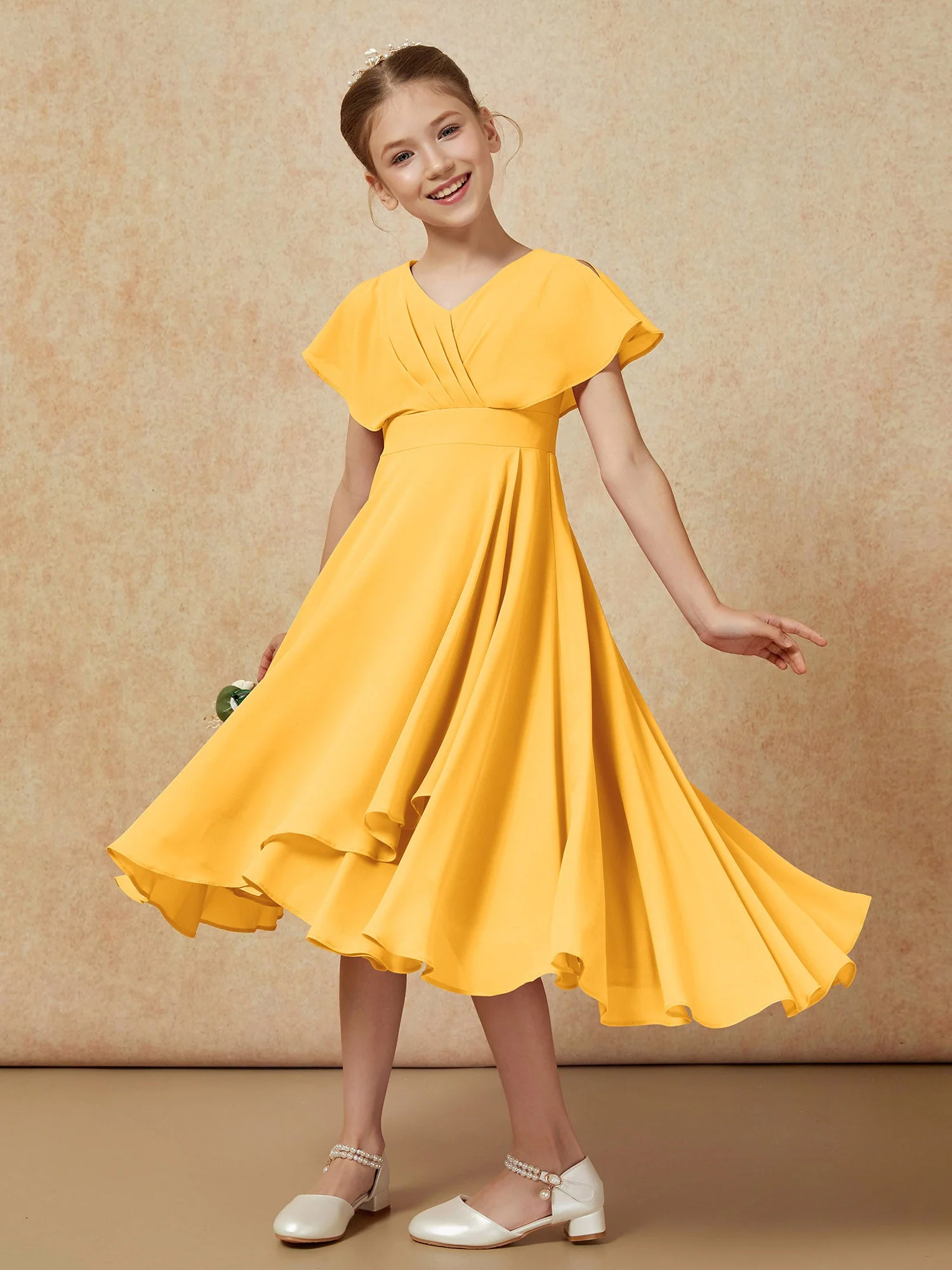 V-Ausschnitt Chiffon Asymmetrisch Junge Brautjungfernkleider Mandarine - Image 4