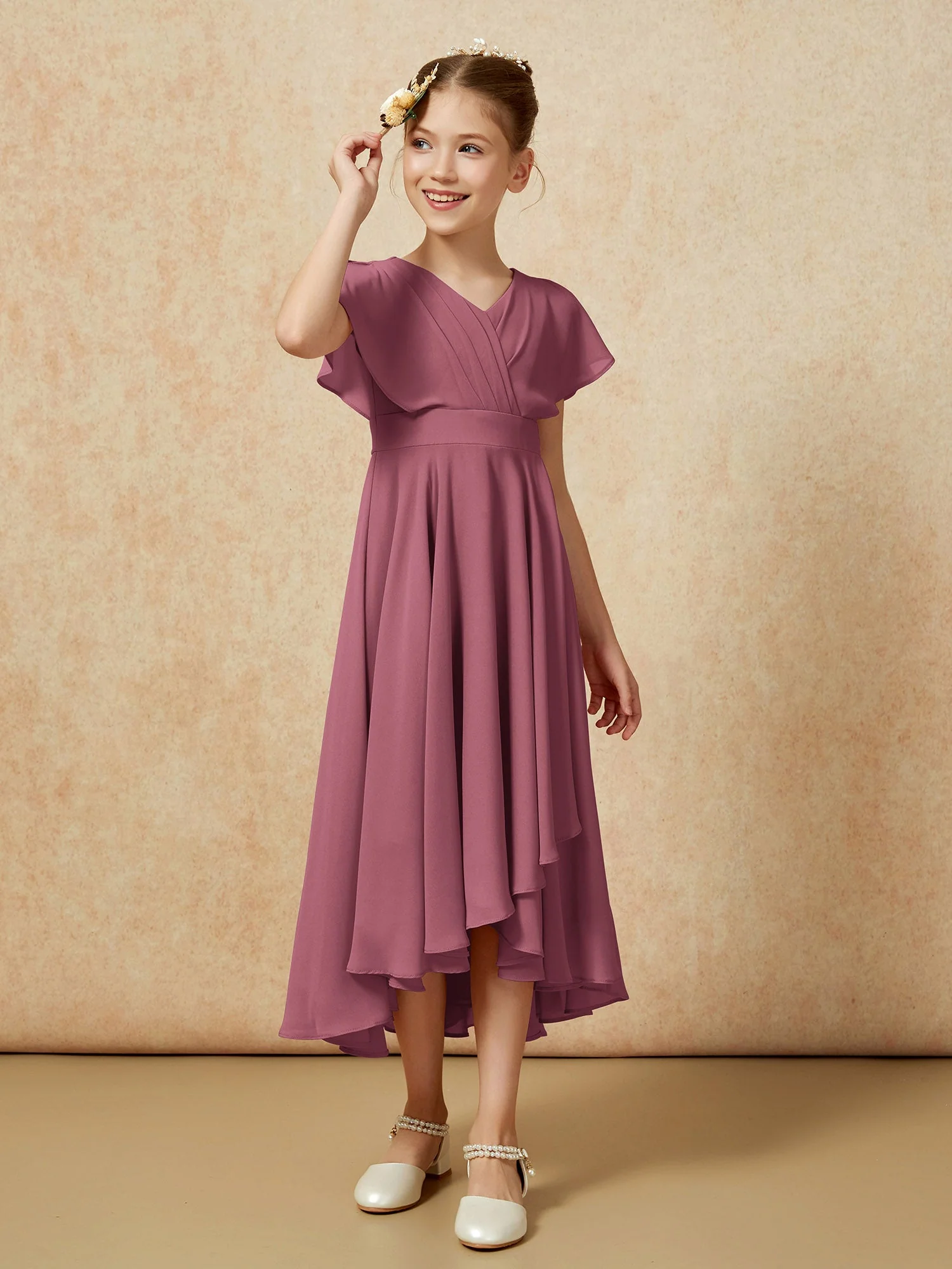 V-Ausschnitt Chiffon Asymmetrisch Junge Brautjungfernkleider Maulbeere - Image 3