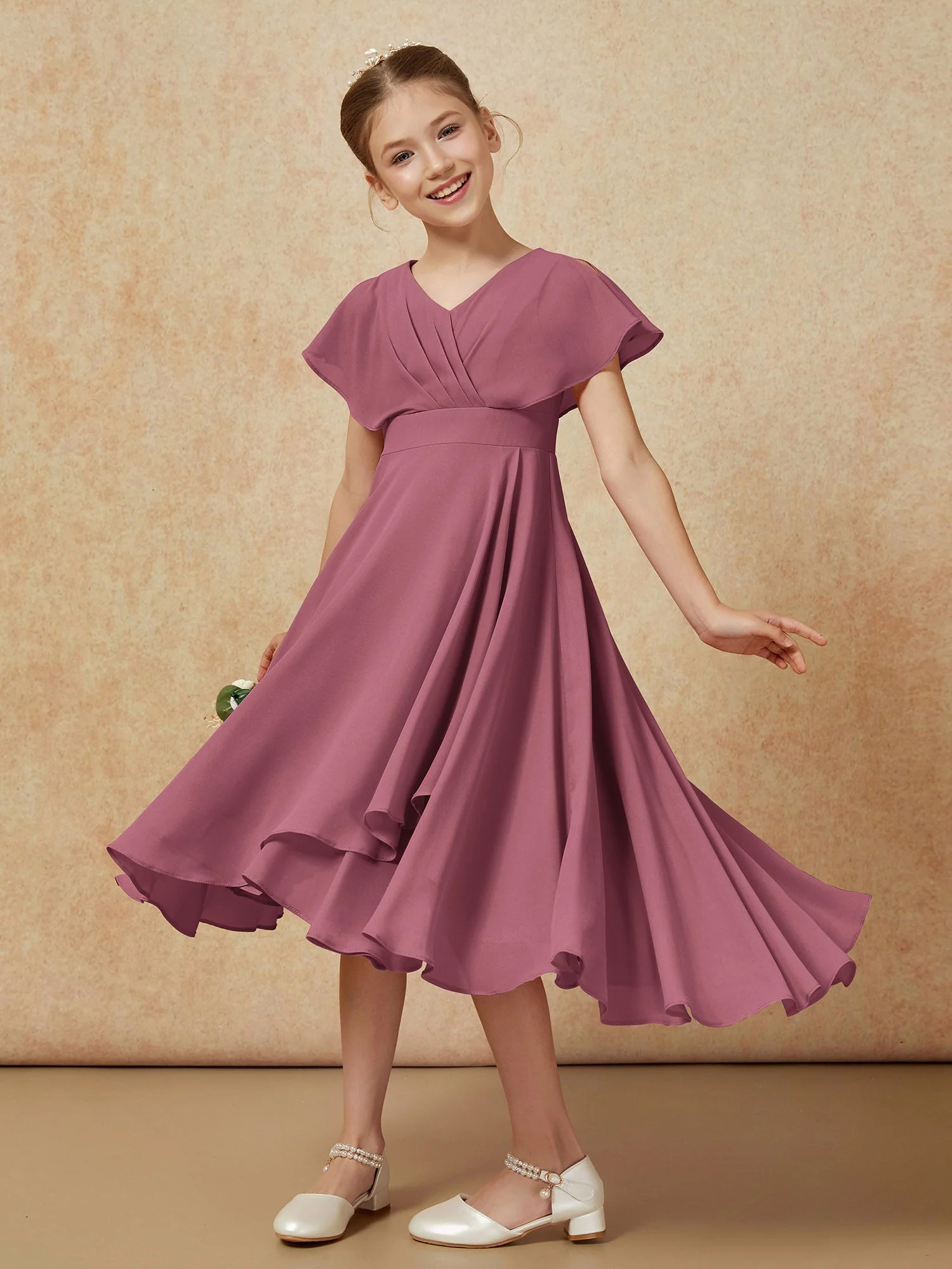 V-Ausschnitt Chiffon Asymmetrisch Junge Brautjungfernkleider Maulbeere - Image 4