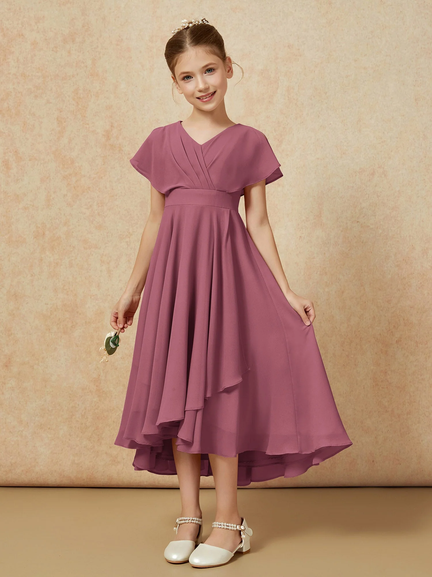 V-Ausschnitt Chiffon Asymmetrisch Junge Brautjungfernkleider Maulbeere - Image 5