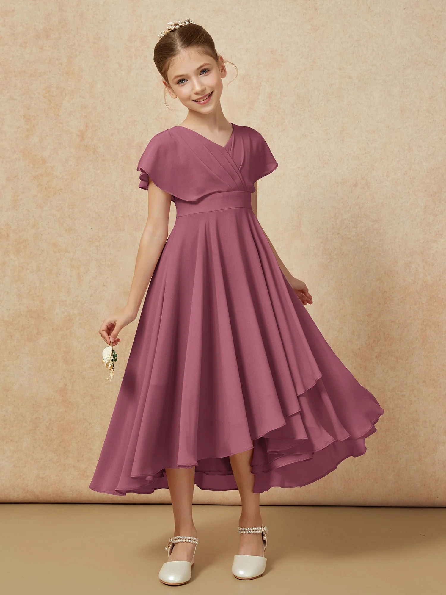 V-Ausschnitt Chiffon Asymmetrisch Junge Brautjungfernkleider Maulbeere - Image 6
