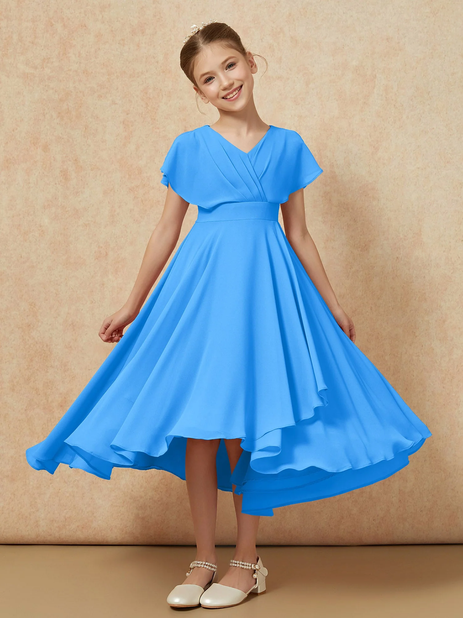 V-Ausschnitt Chiffon Asymmetrisch Junge Brautjungfernkleider Meerblau