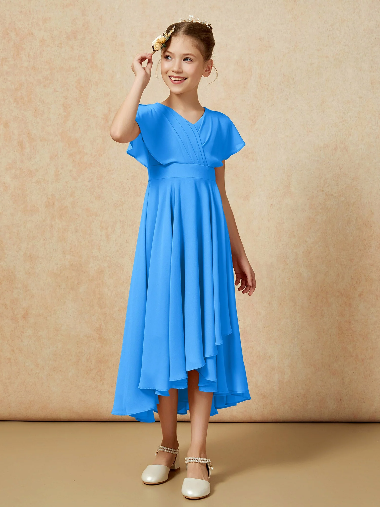 V-Ausschnitt Chiffon Asymmetrisch Junge Brautjungfernkleider Meerblau - Image 3