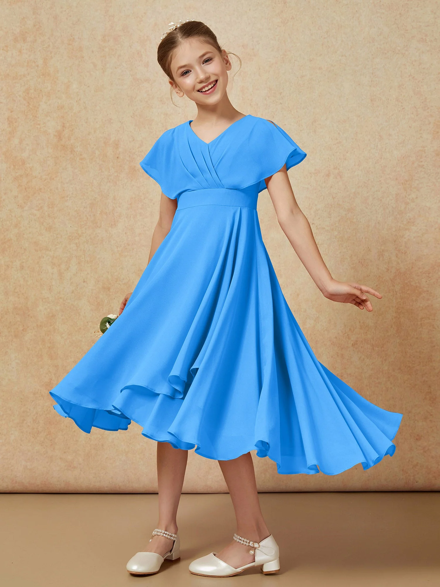 V-Ausschnitt Chiffon Asymmetrisch Junge Brautjungfernkleider Meerblau - Image 4