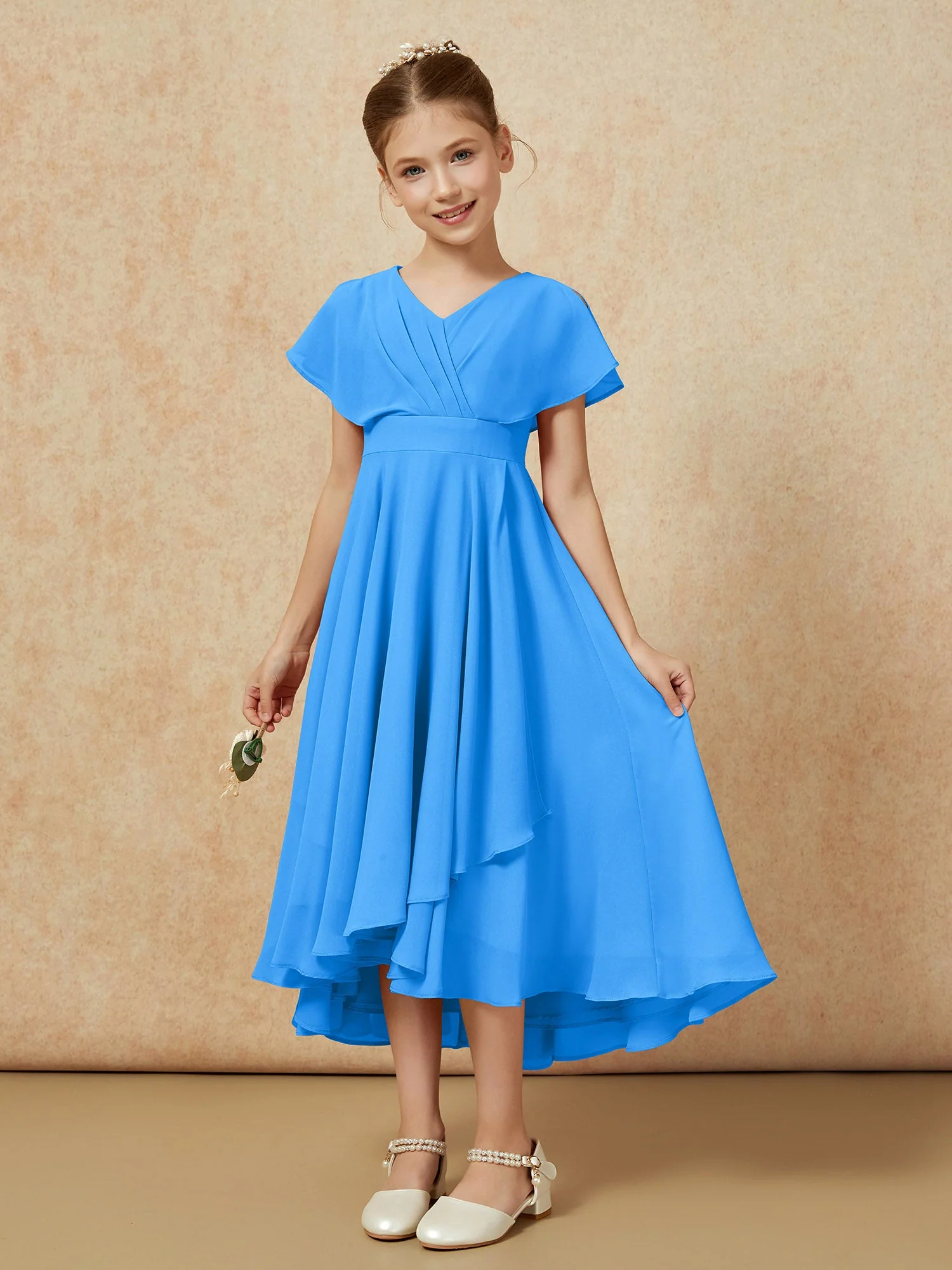 V-Ausschnitt Chiffon Asymmetrisch Junge Brautjungfernkleider Meerblau - Image 5