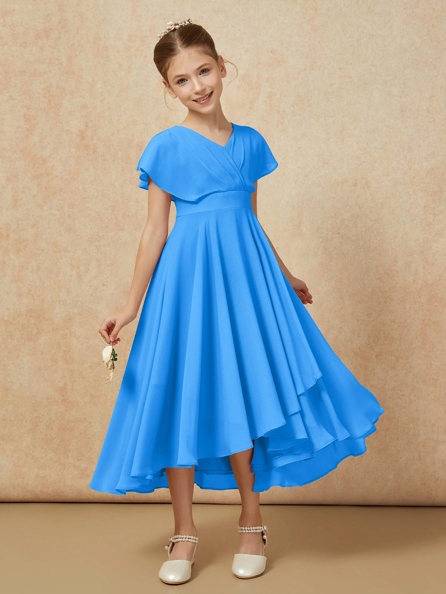 V-Ausschnitt Chiffon Asymmetrisch Junge Brautjungfernkleider Meerblau - Image 6