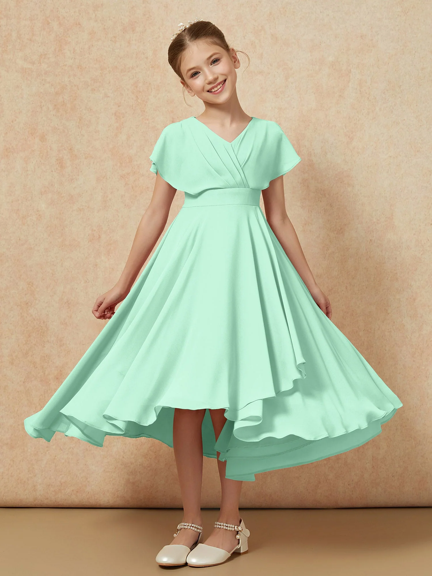 V-Ausschnitt Chiffon Asymmetrisch Junge Brautjungfernkleider Minzgrün