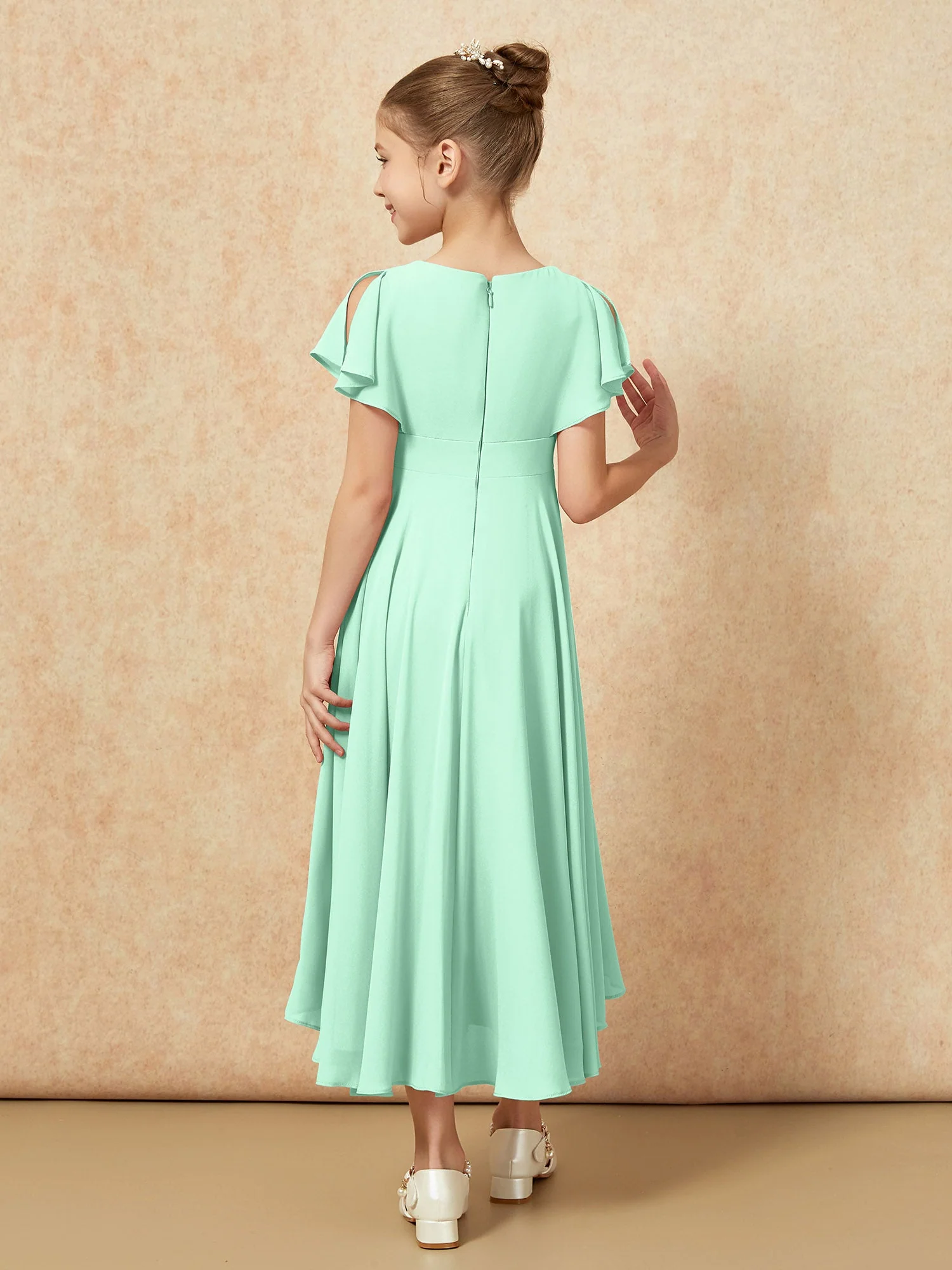 V-Ausschnitt Chiffon Asymmetrisch Junge Brautjungfernkleider Minzgrün - Image 2
