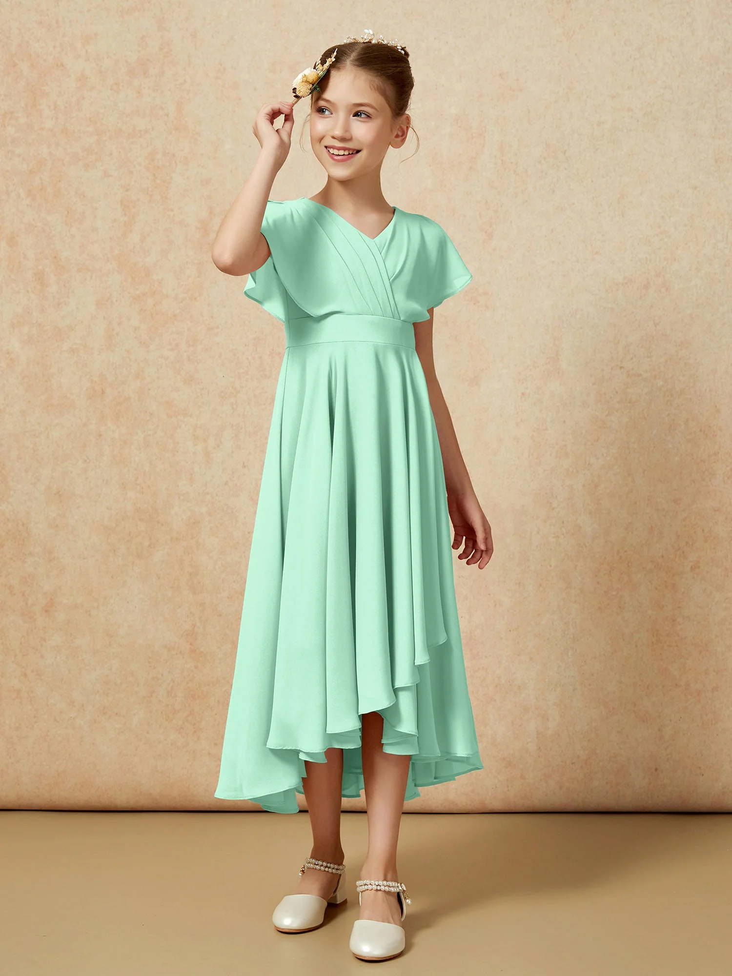 V-Ausschnitt Chiffon Asymmetrisch Junge Brautjungfernkleider Minzgrün - Image 3