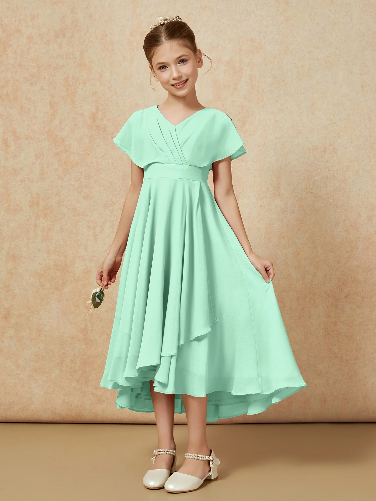 V-Ausschnitt Chiffon Asymmetrisch Junge Brautjungfernkleider Minzgrün - Image 5