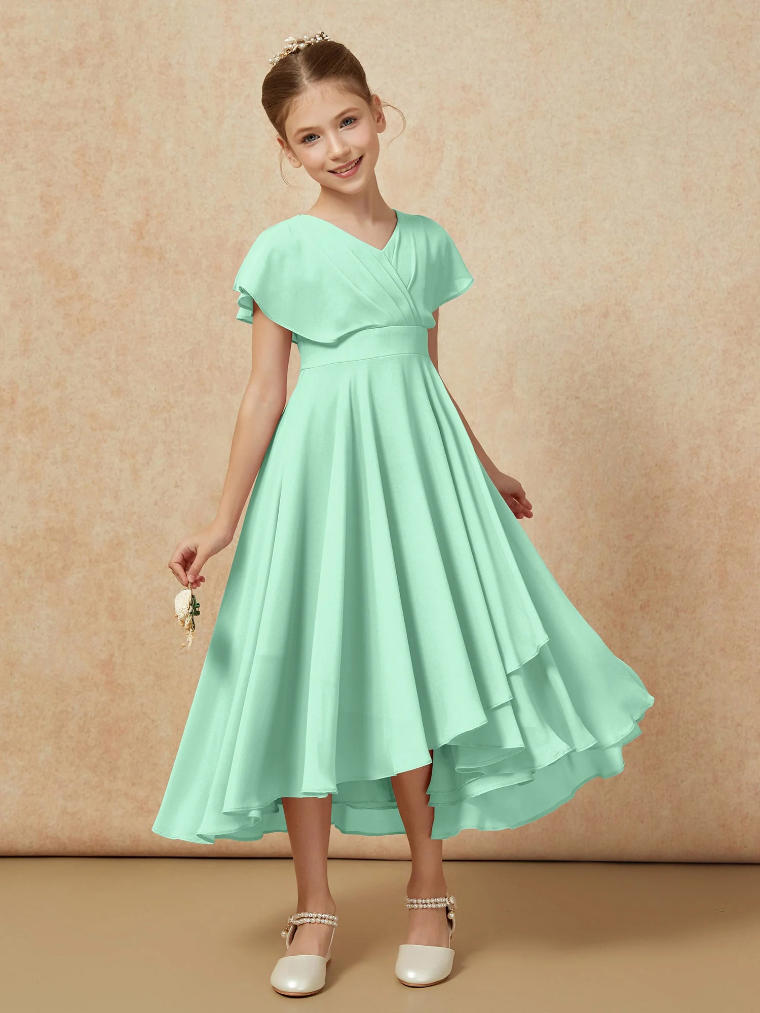 V-Ausschnitt Chiffon Asymmetrisch Junge Brautjungfernkleider Minzgrün - Image 6