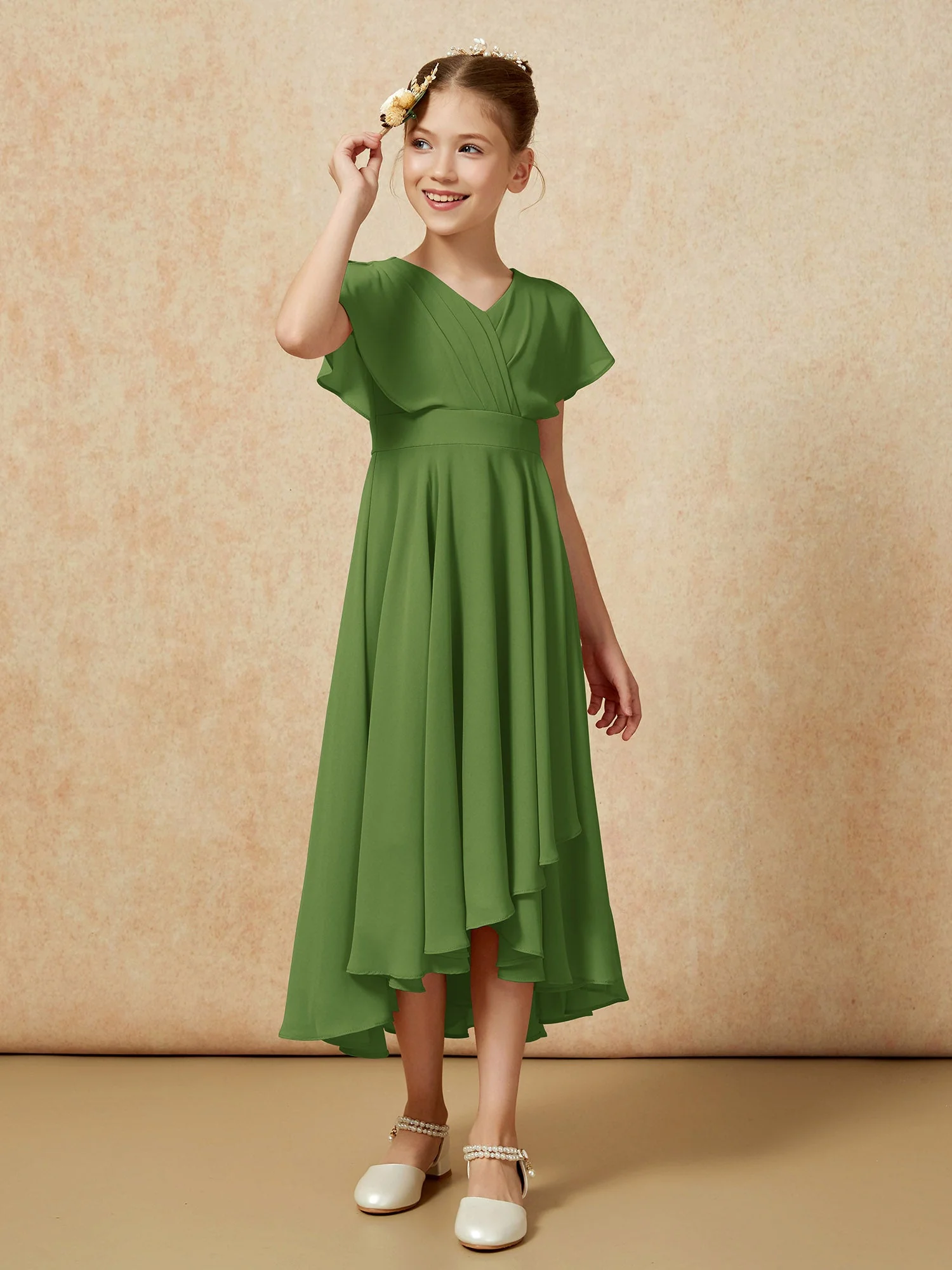 V-Ausschnitt Chiffon Asymmetrisch Junge Brautjungfernkleider Moos - Image 3
