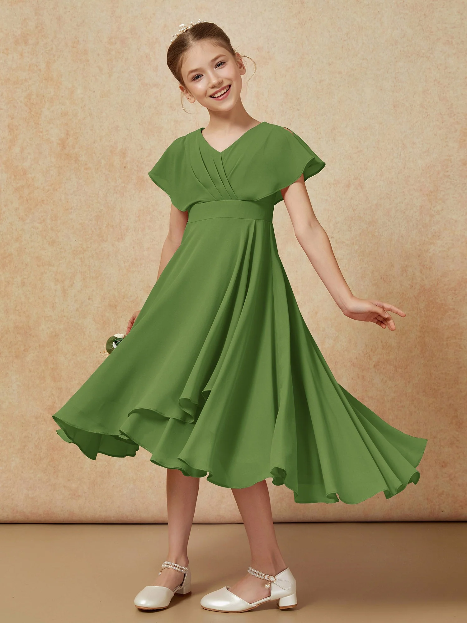 V-Ausschnitt Chiffon Asymmetrisch Junge Brautjungfernkleider Moos - Image 4