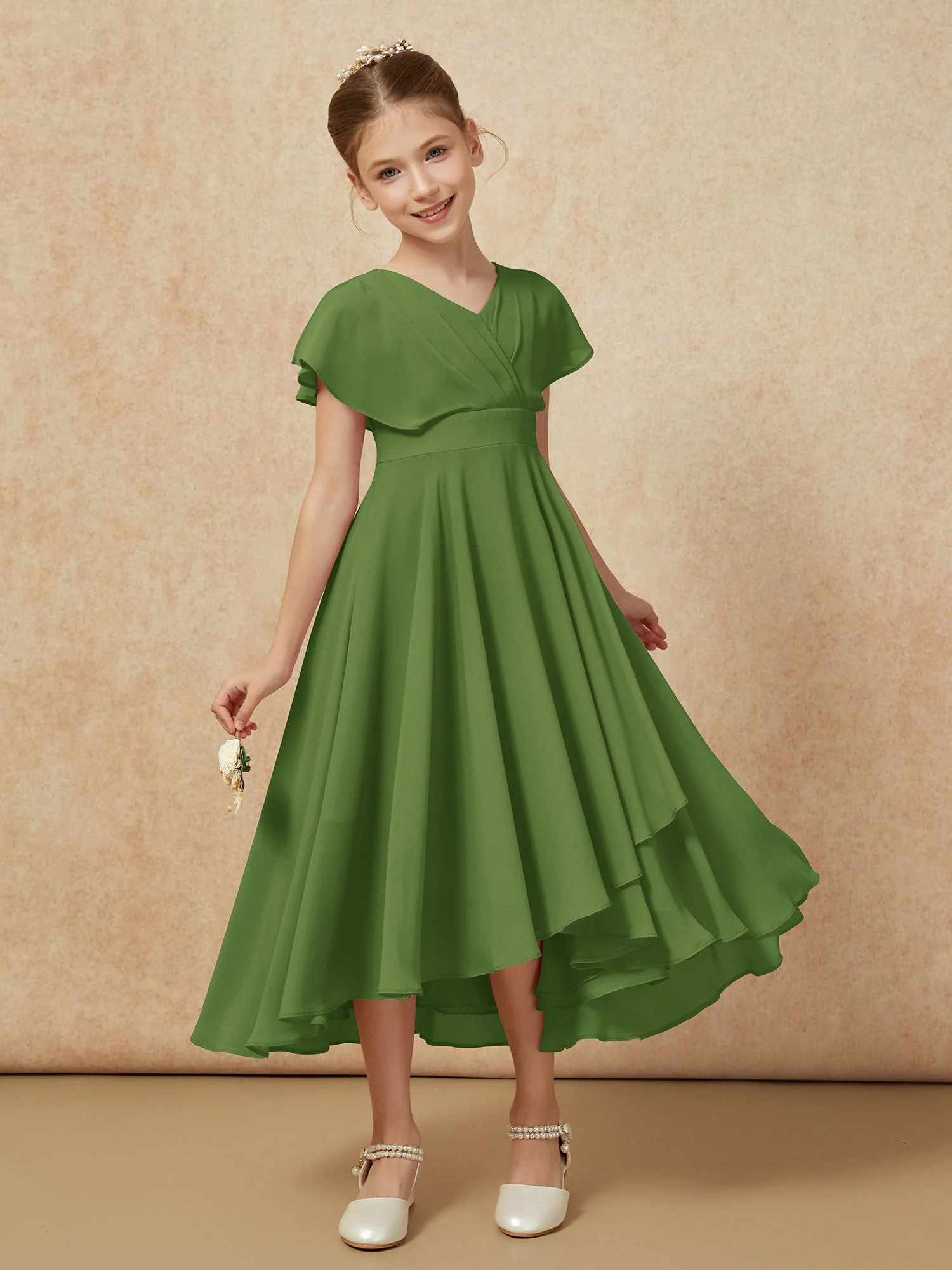 V-Ausschnitt Chiffon Asymmetrisch Junge Brautjungfernkleider Moos - Image 6