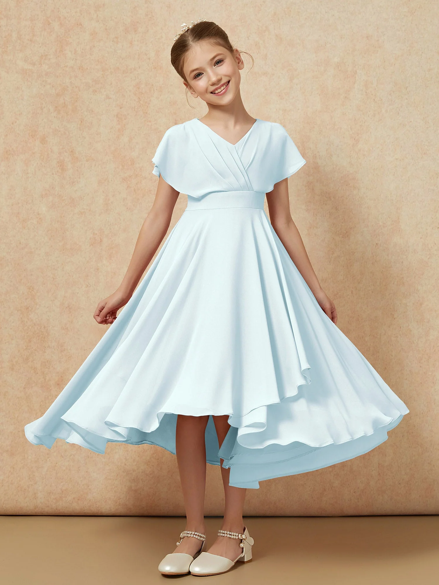 V-Ausschnitt Chiffon Asymmetrisch Junge Brautjungfernkleider Nebel