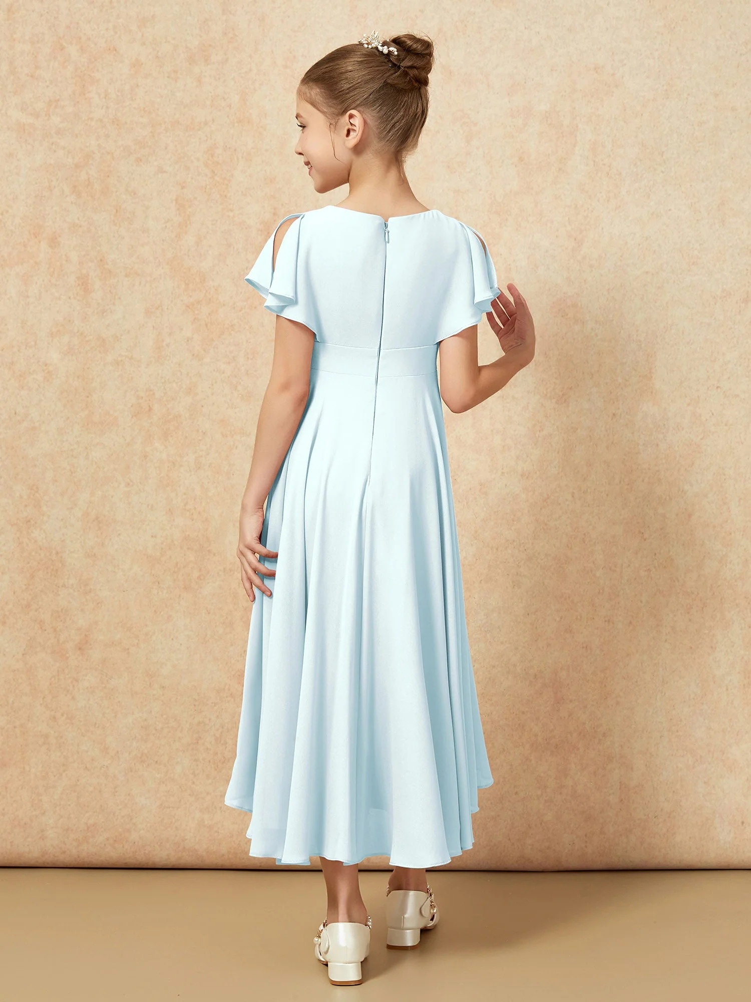 V-Ausschnitt Chiffon Asymmetrisch Junge Brautjungfernkleider Nebel - Image 2