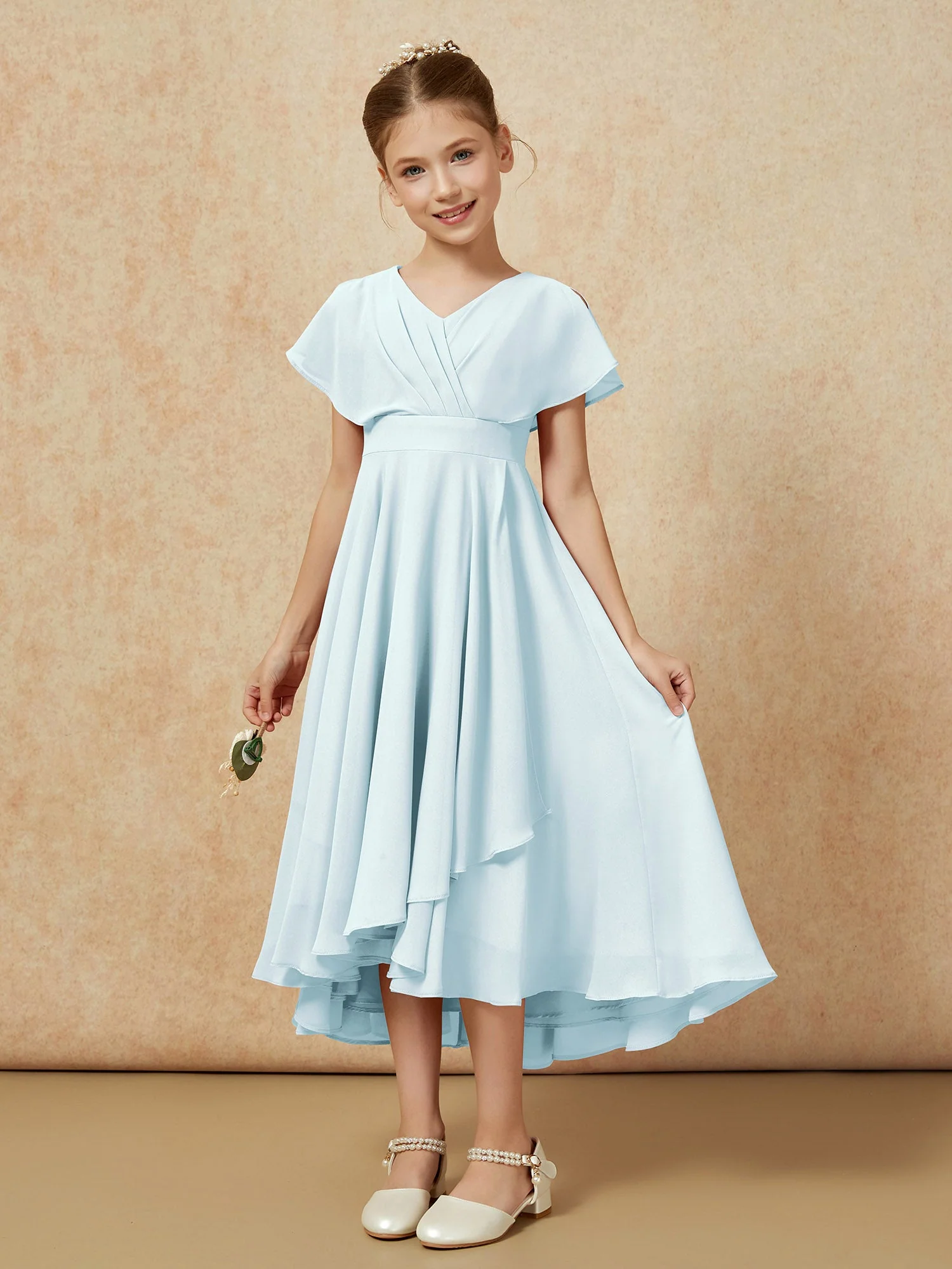 V-Ausschnitt Chiffon Asymmetrisch Junge Brautjungfernkleider Nebel - Image 5