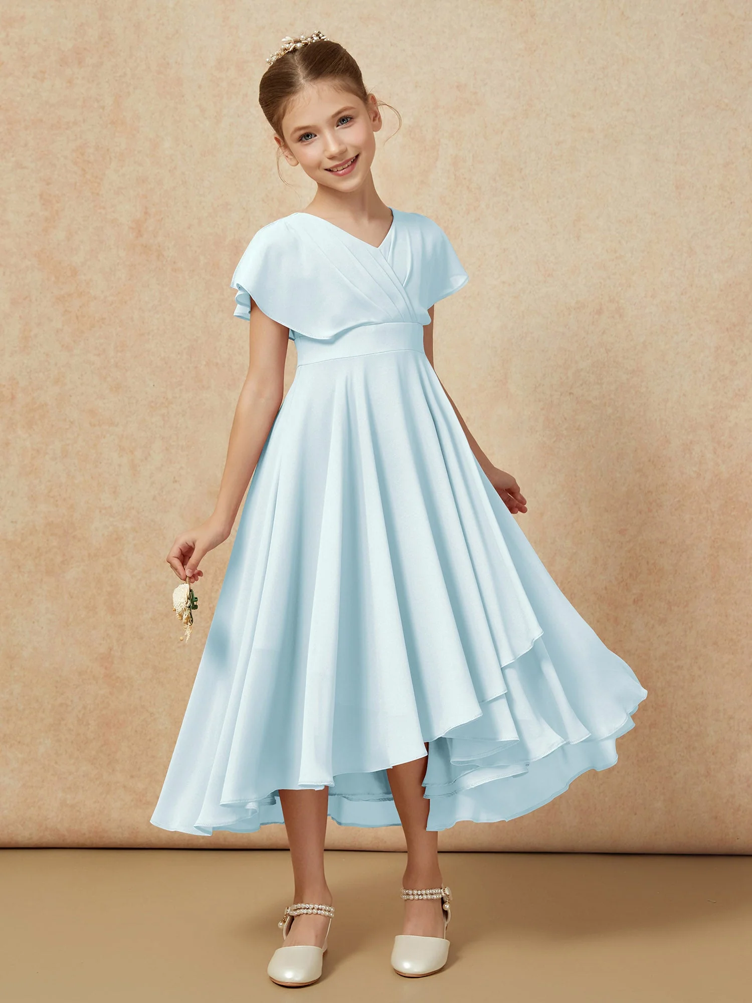 V-Ausschnitt Chiffon Asymmetrisch Junge Brautjungfernkleider Nebel - Image 6