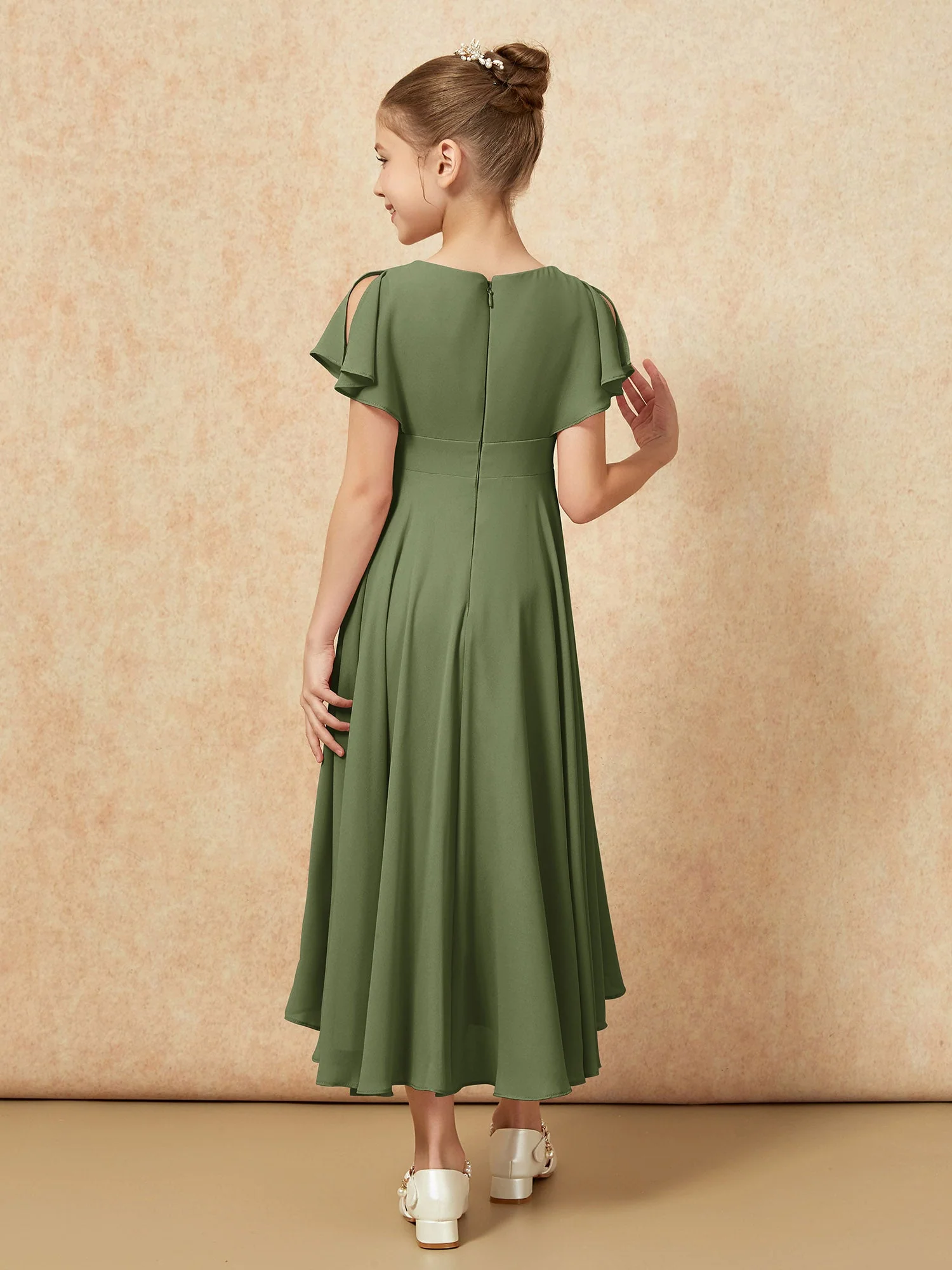 V-Ausschnitt Chiffon Asymmetrisch Junge Brautjungfernkleider Olivgrün - Image 2
