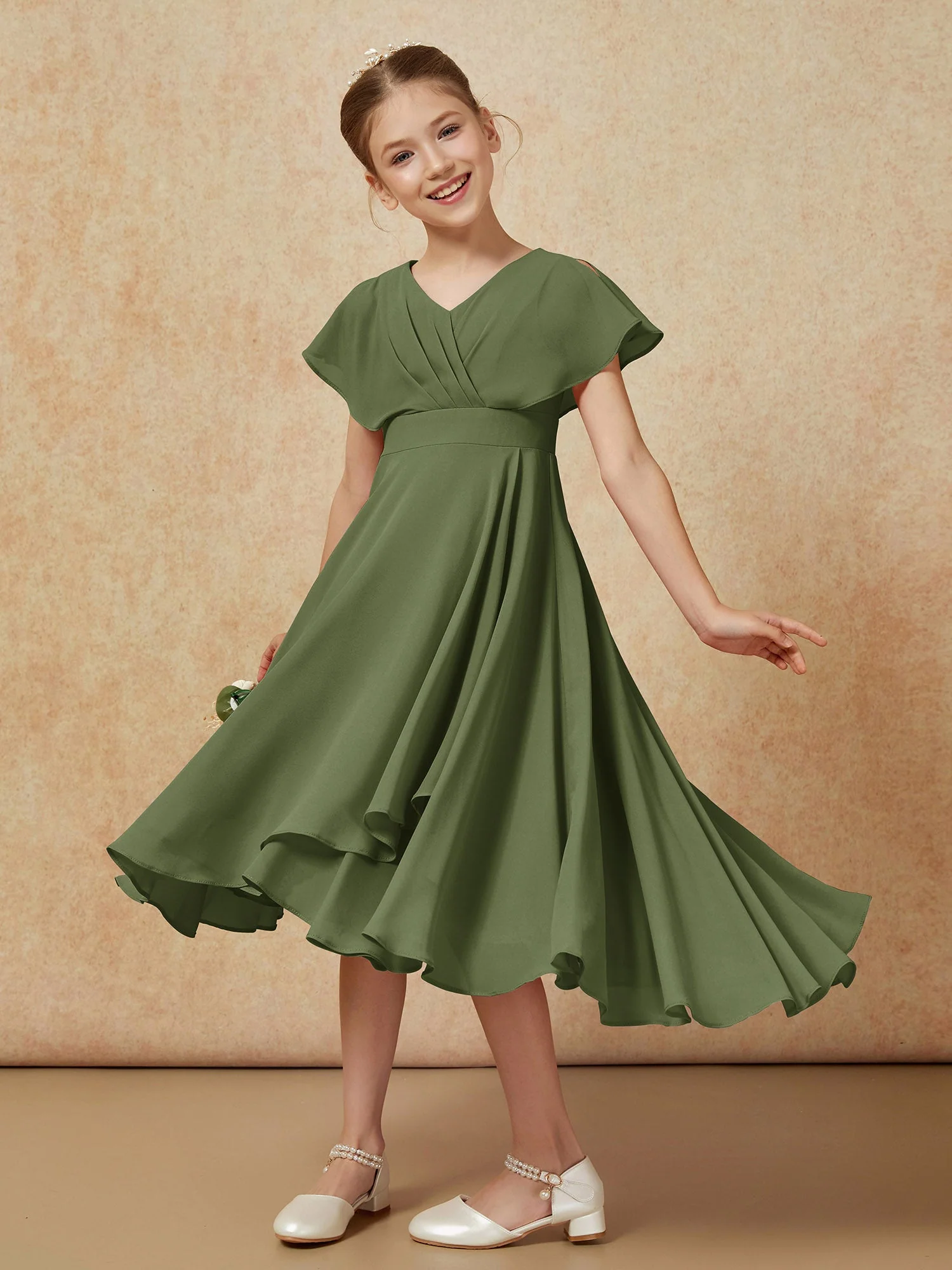 V-Ausschnitt Chiffon Asymmetrisch Junge Brautjungfernkleider Olivgrün - Image 4